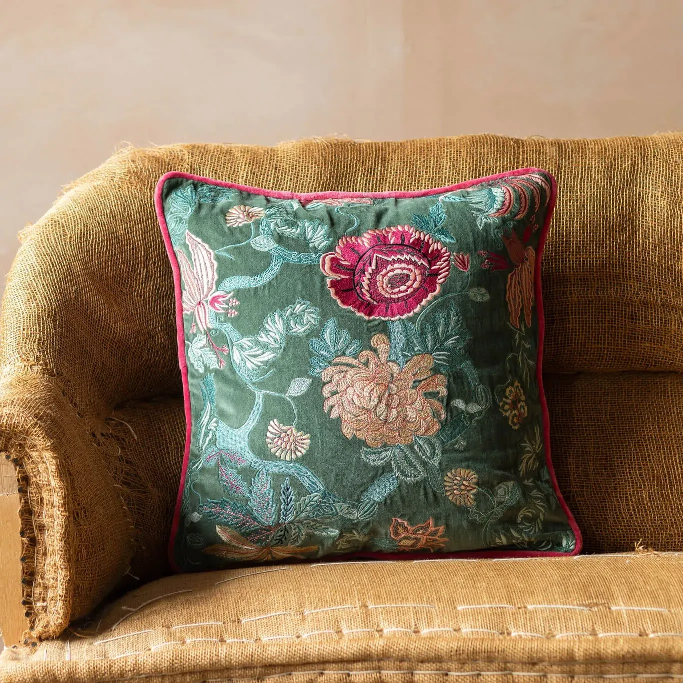 Rosalind Embroidered Square Cushion - Teal, Velvet