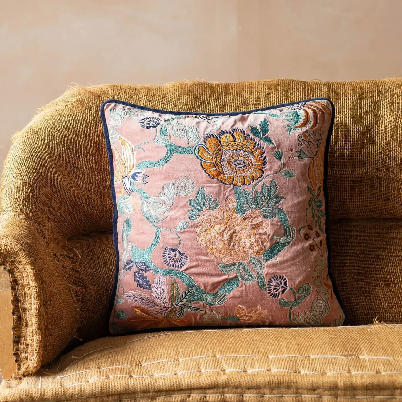 Rosalind Embroidered Square Cushion - Teal, Velvet