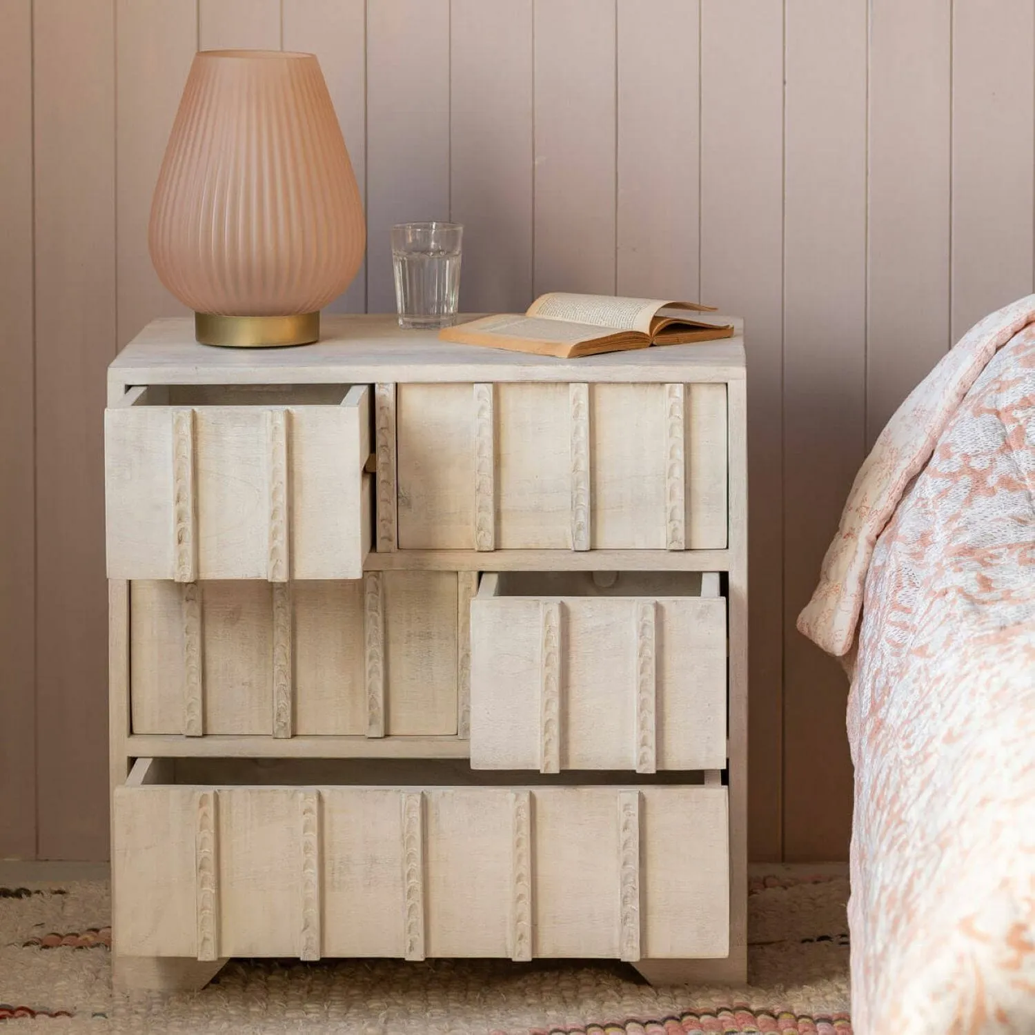 Rosie Bedside Table - Whitewash, Mango Wood