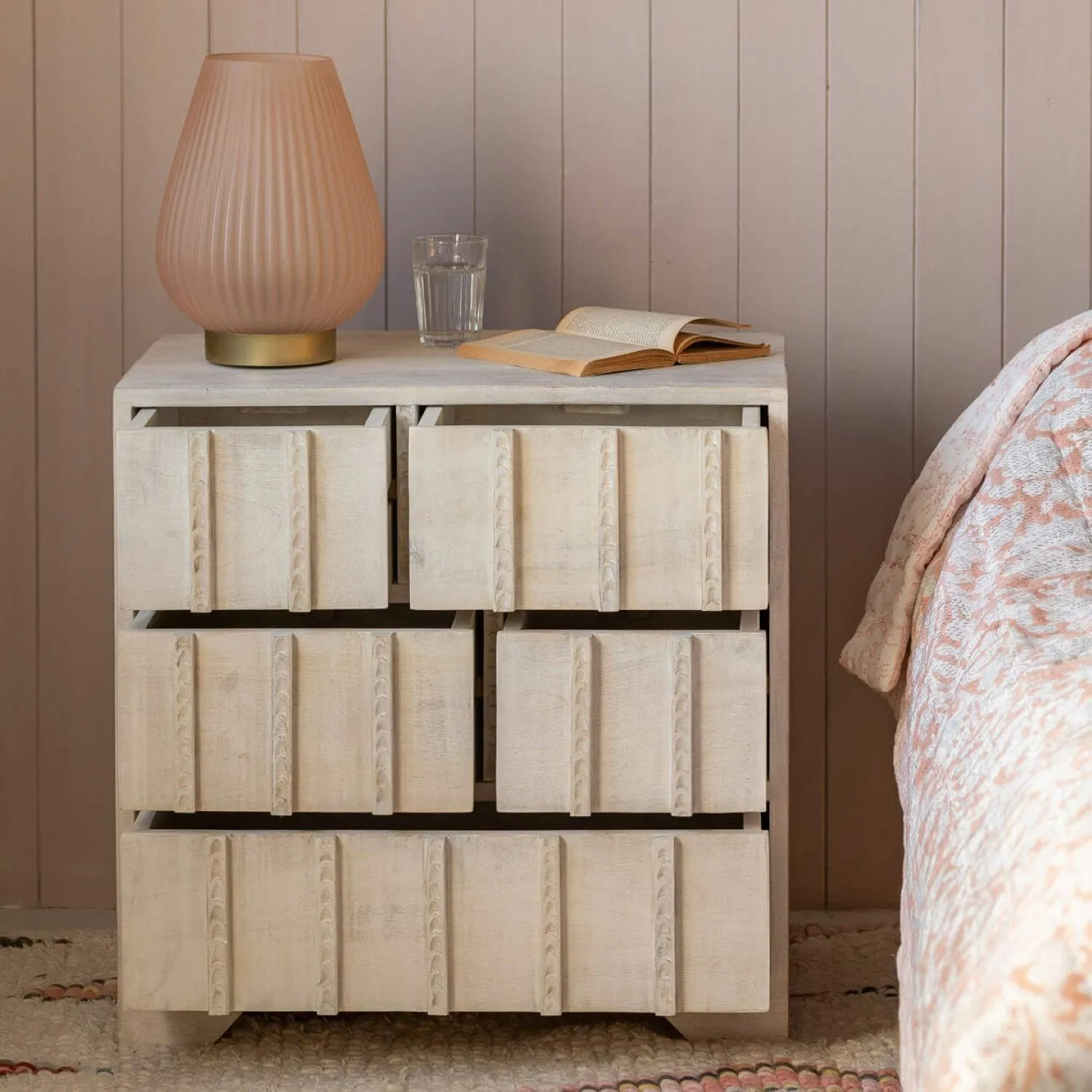 Rosie Bedside Table - Whitewash, Mango Wood