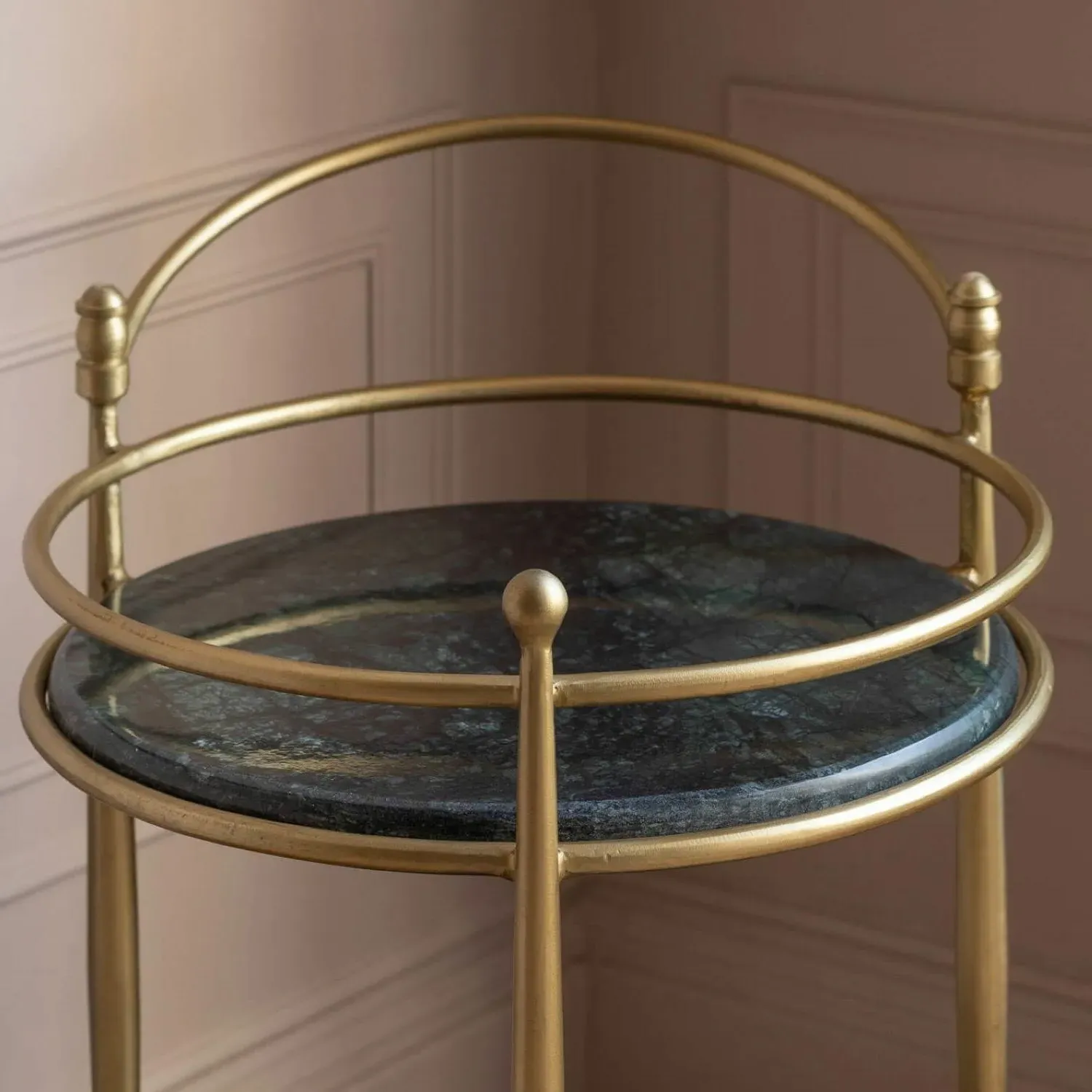 Round Drinks Trolley - Green Marble, Brass