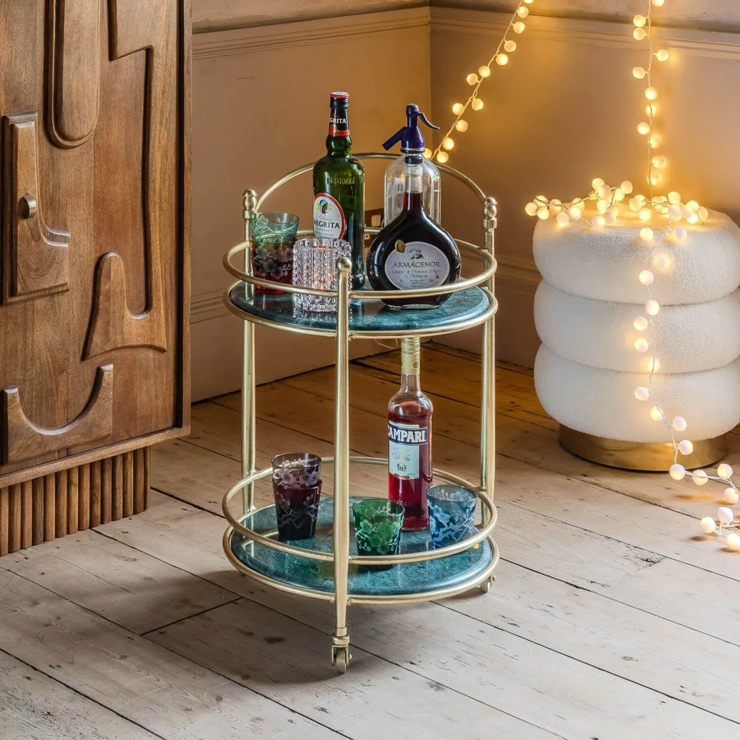 Round Drinks Trolley - Green Marble, Brass image