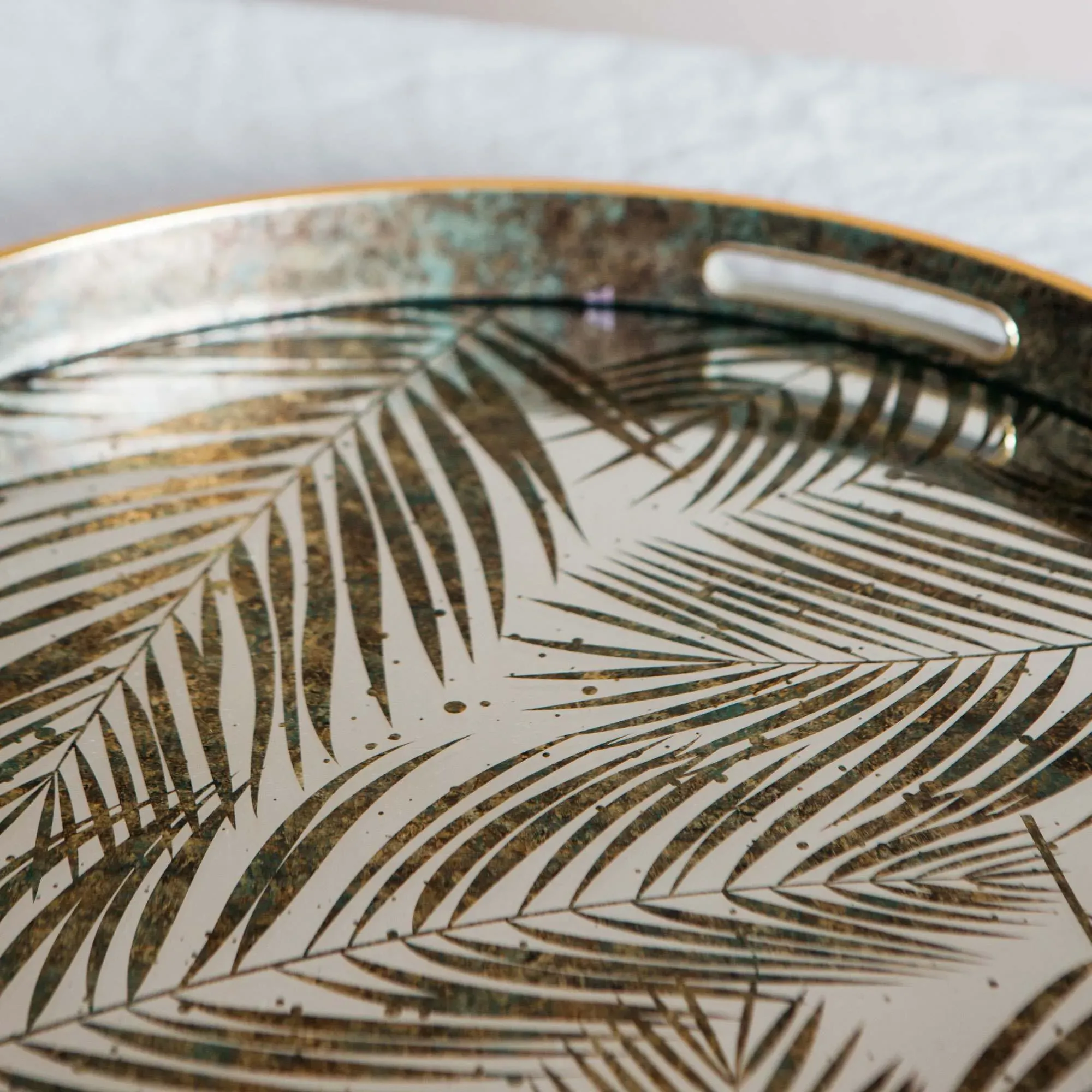 Round Mirrored Fern Leaf Tray - Plastic, Glass