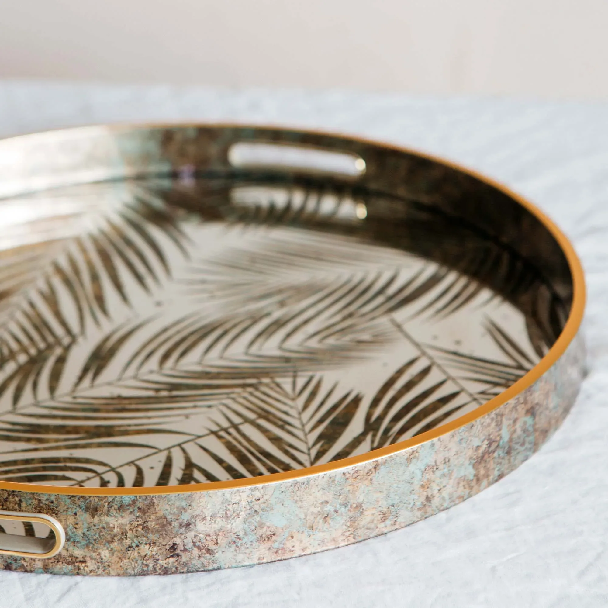 Round Mirrored Fern Leaf Tray - Plastic, Glass