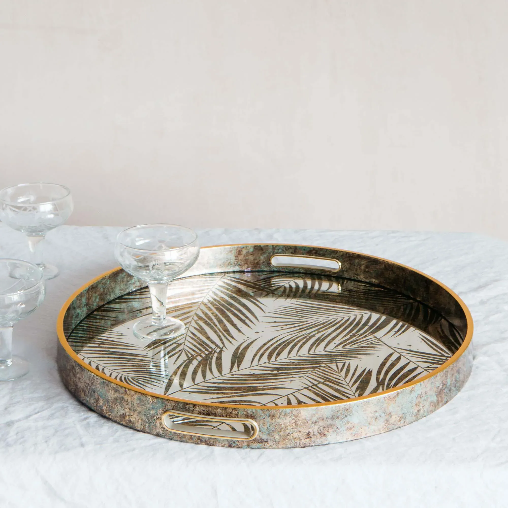 Round Mirrored Fern Leaf Tray - Plastic, Glass