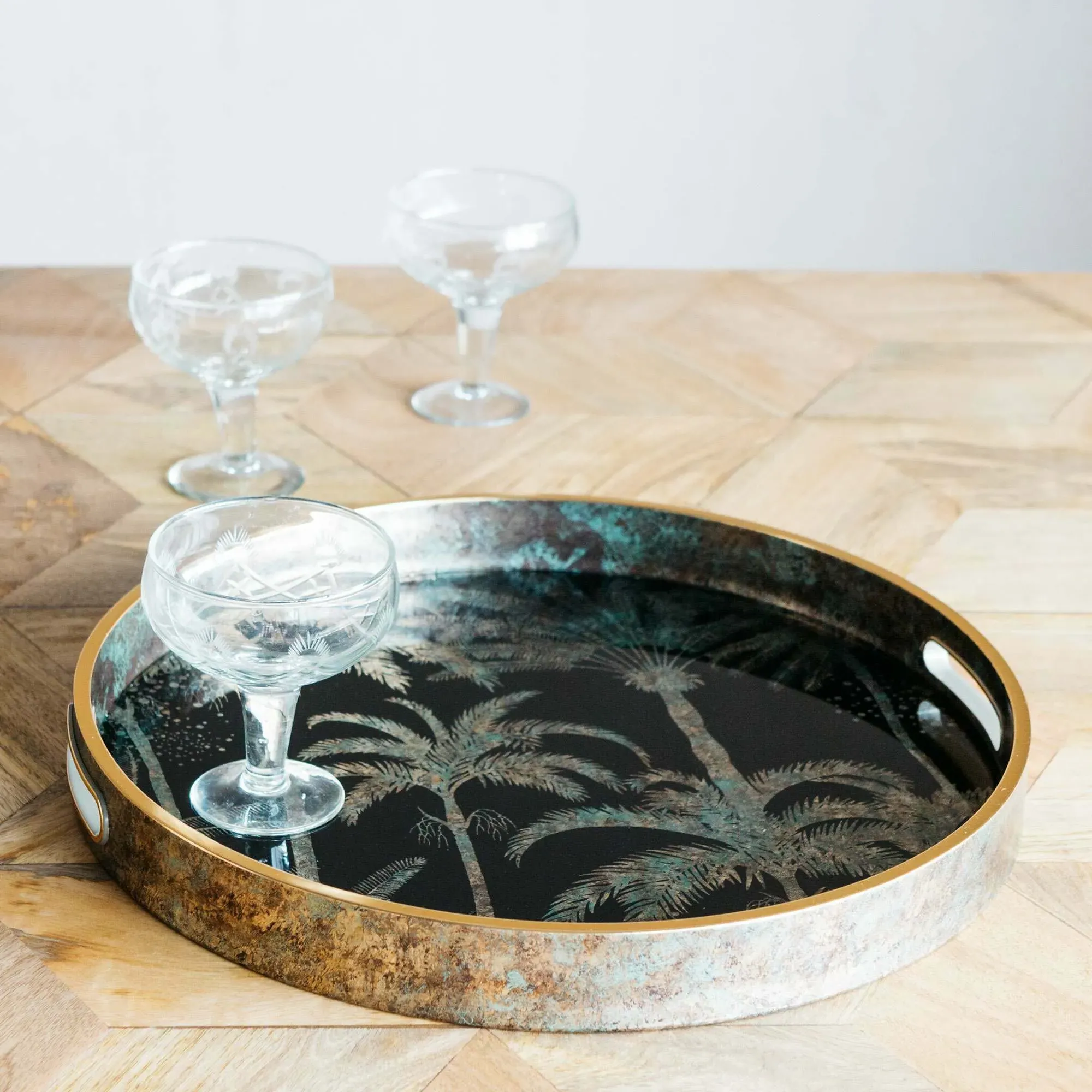 Round Palm Tree Pattern Tray - Glass