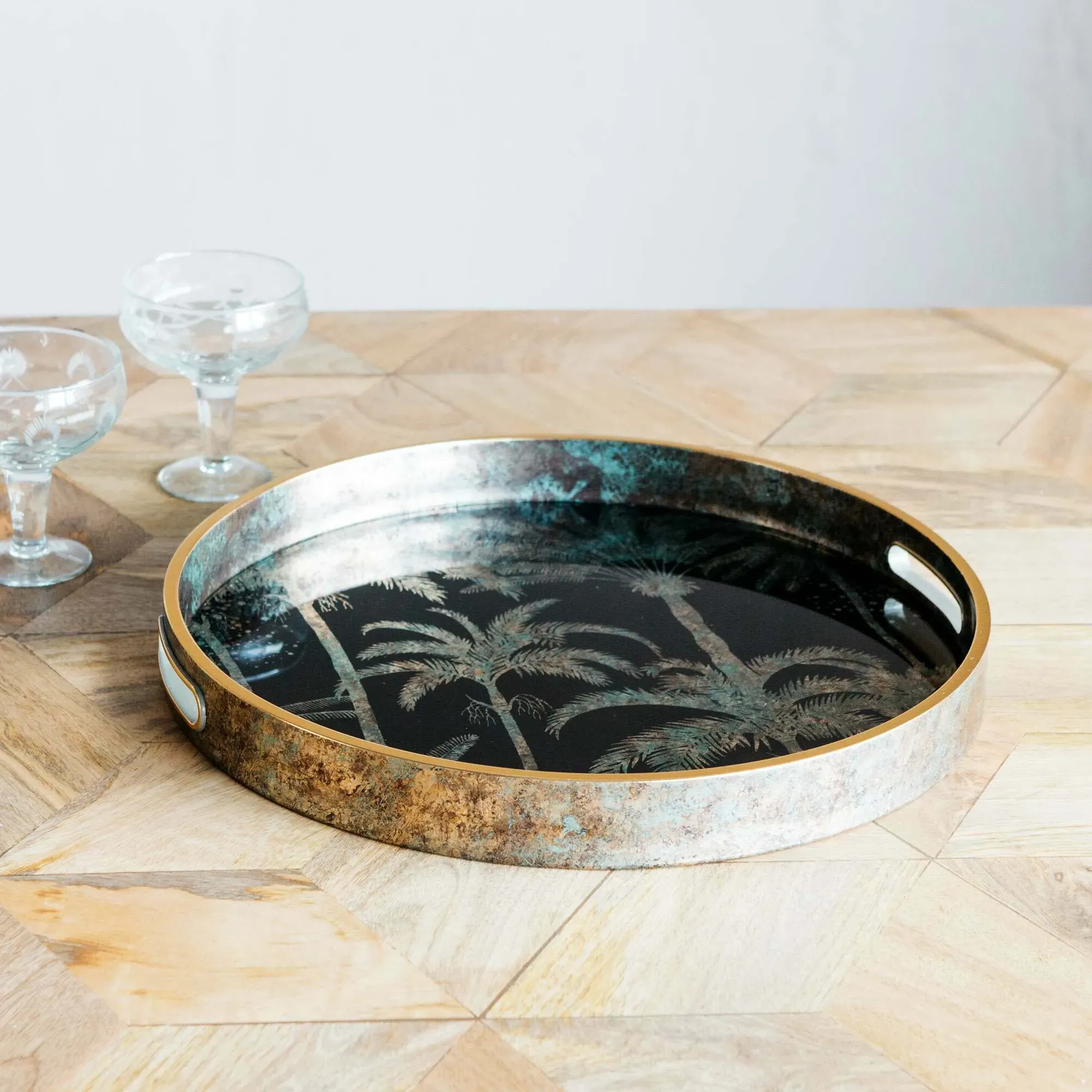 Round Palm Tree Pattern Tray - Glass