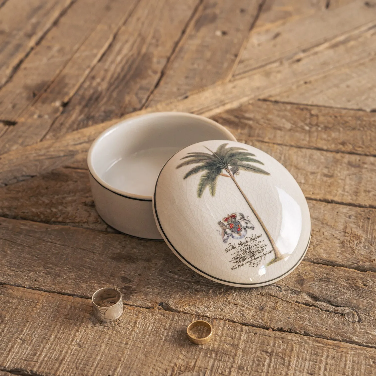 Round Palm Tree Trinket Box - White, Porcelain