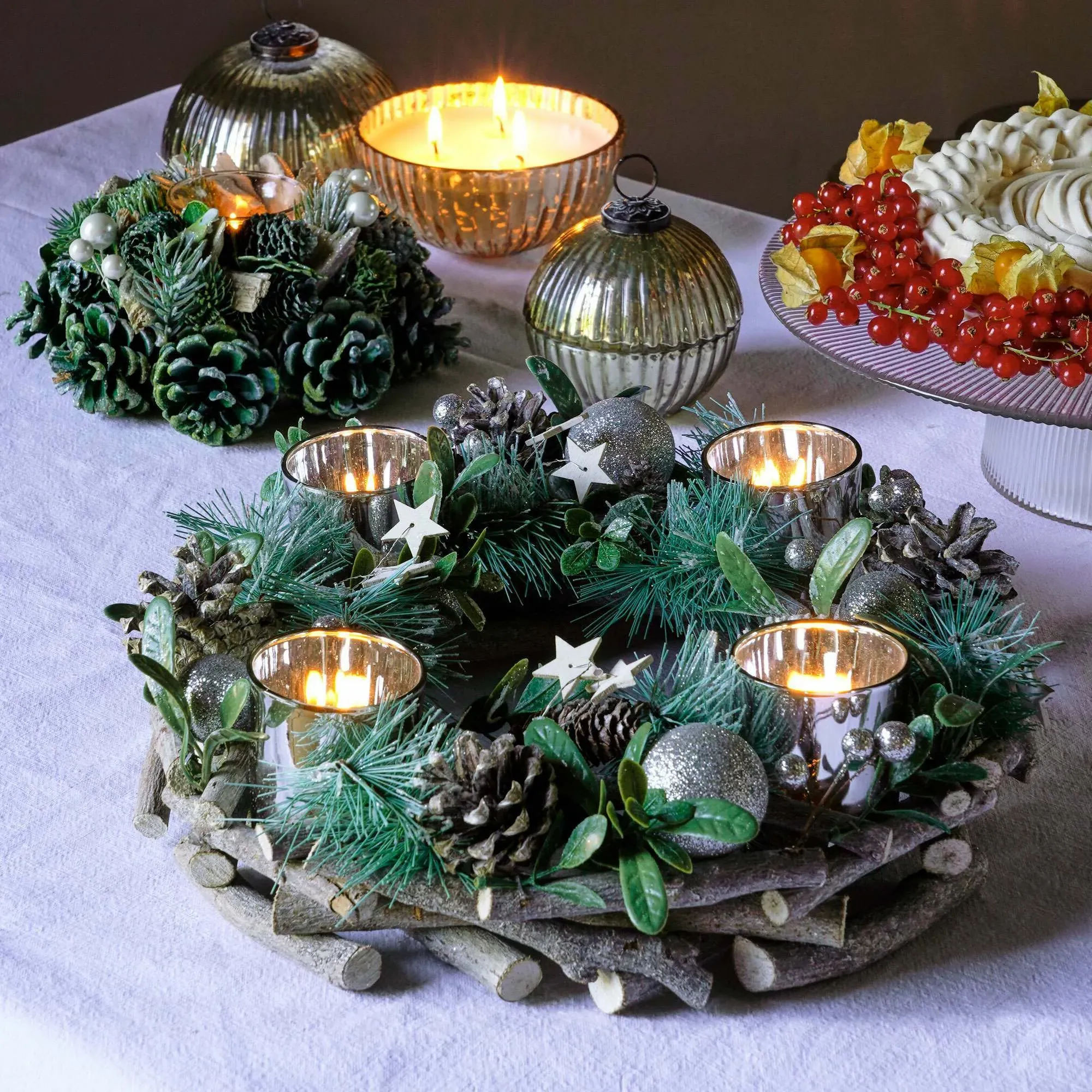 Round Pinecone Candle Wreath - Silver image