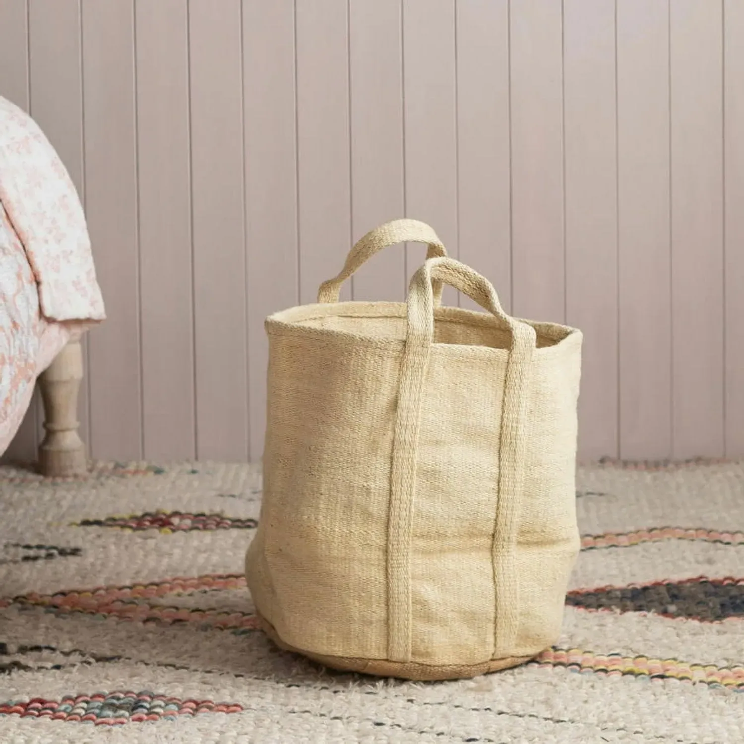 Round Storage Basket with Handles - Black White, Jute