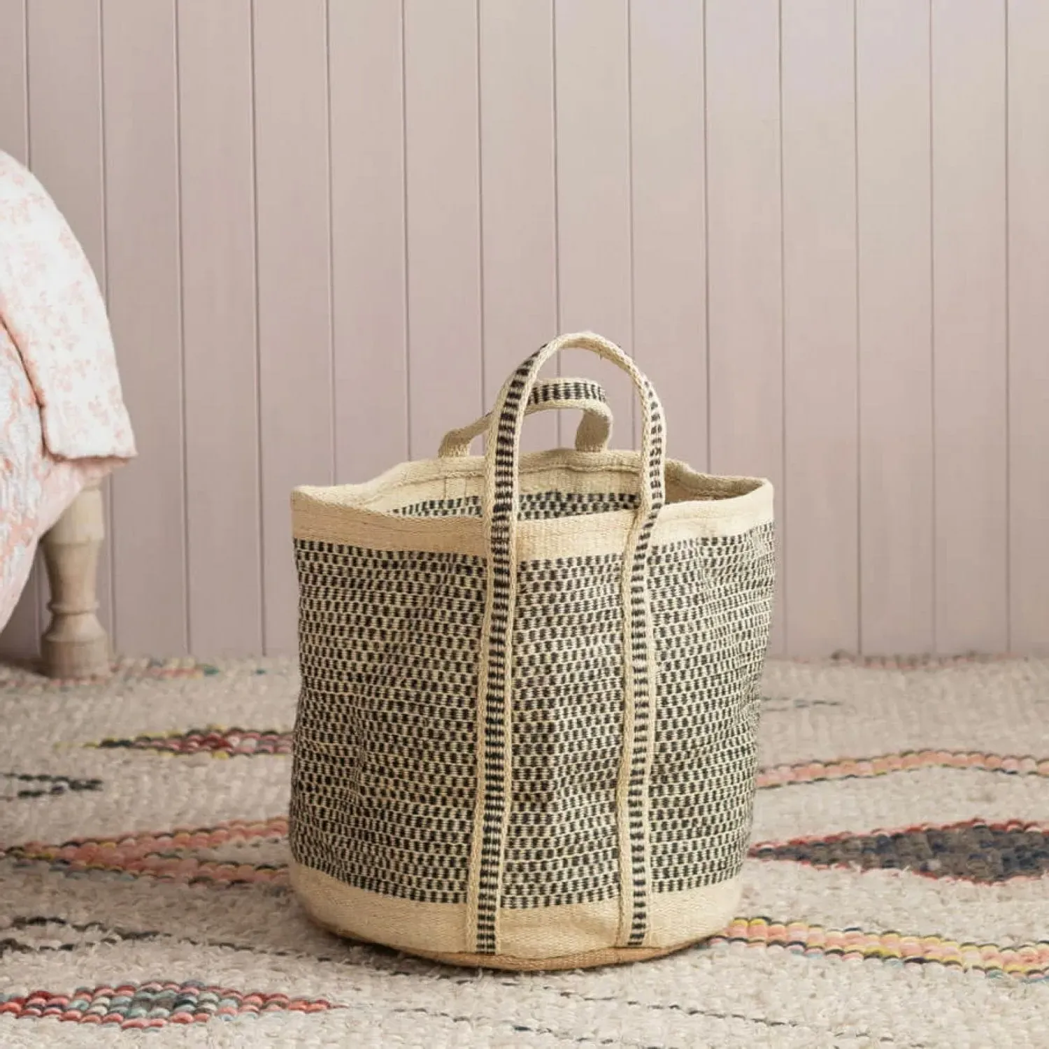 Round Storage Basket with Handles - Black White, Jute