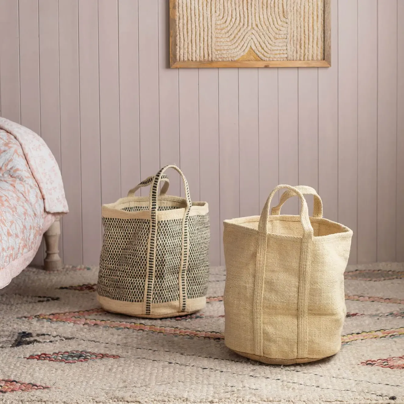 Round Storage Basket with Handles - Black White, Jute image