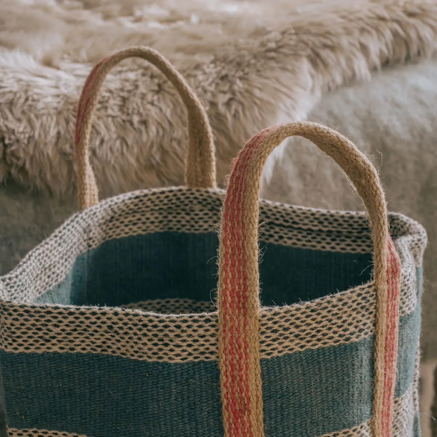 Round Storage Basket with Handles - Blue Stripe, Jute