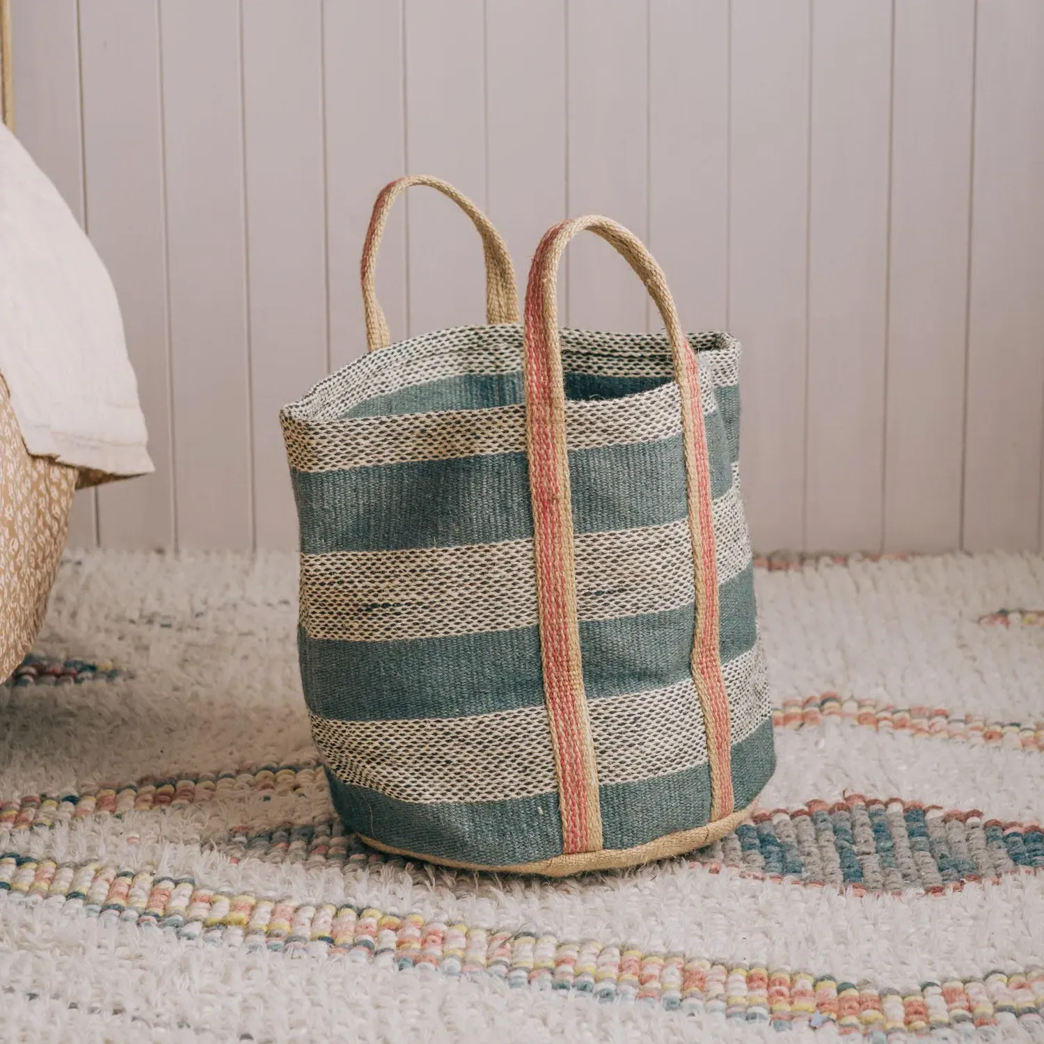 Round Storage Basket with Handles - Blue Stripe, Jute