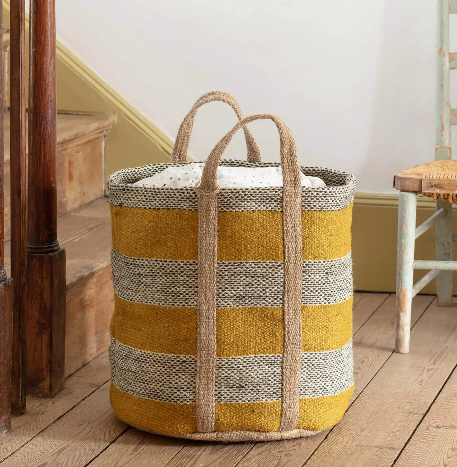 Round Storage Basket with Handles - Denim, Jute