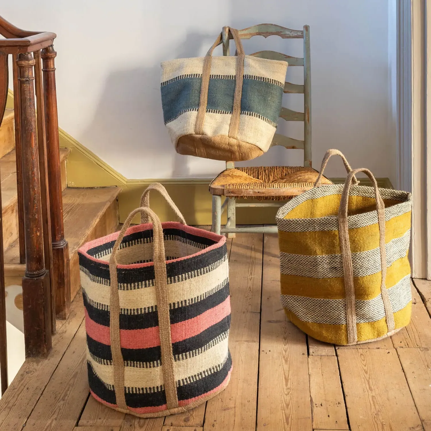 Round Storage Basket with Handles - Denim, Jute