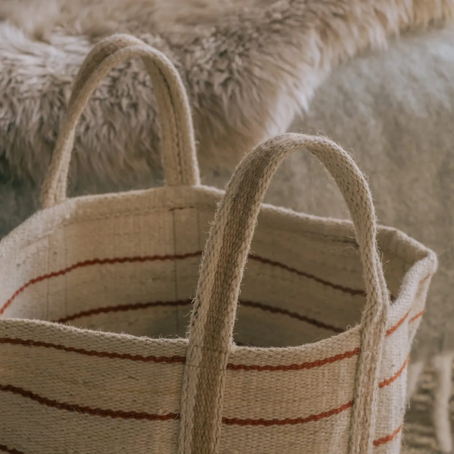 Round Storage Basket with Handles - Red Stripe, Jute