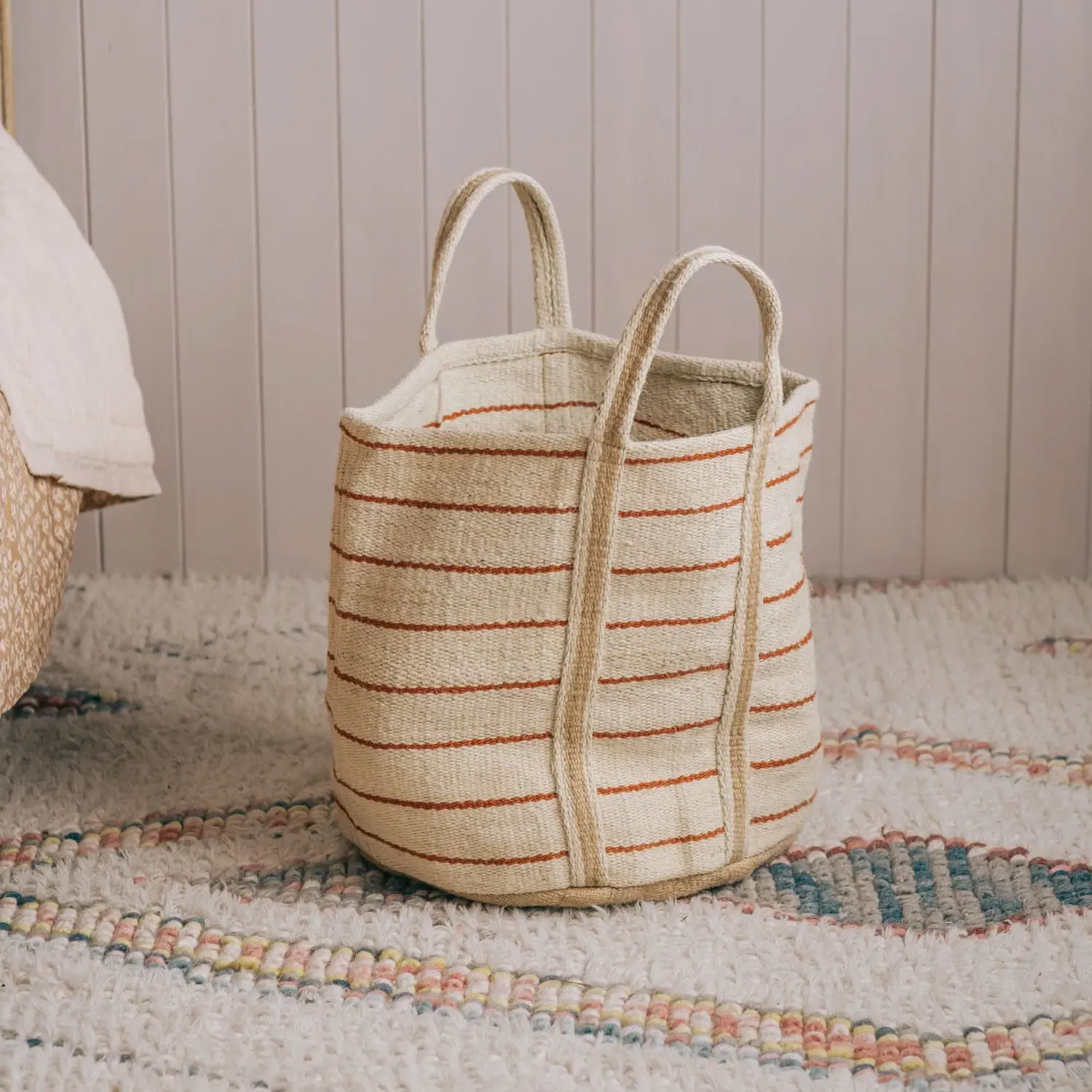 Round Storage Basket with Handles - Red Stripe, Jute