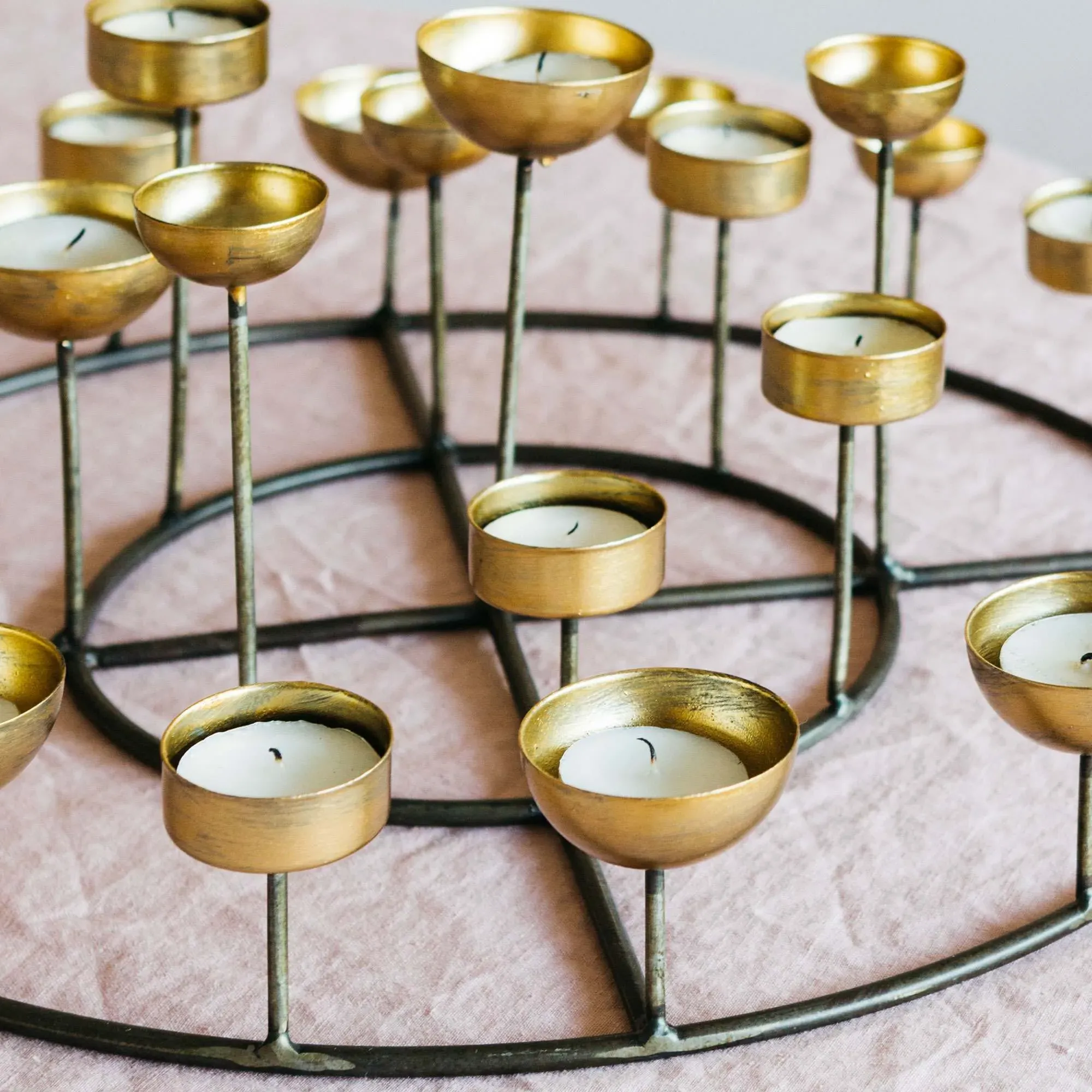 Round Tea Light Holder - Gold, Metal