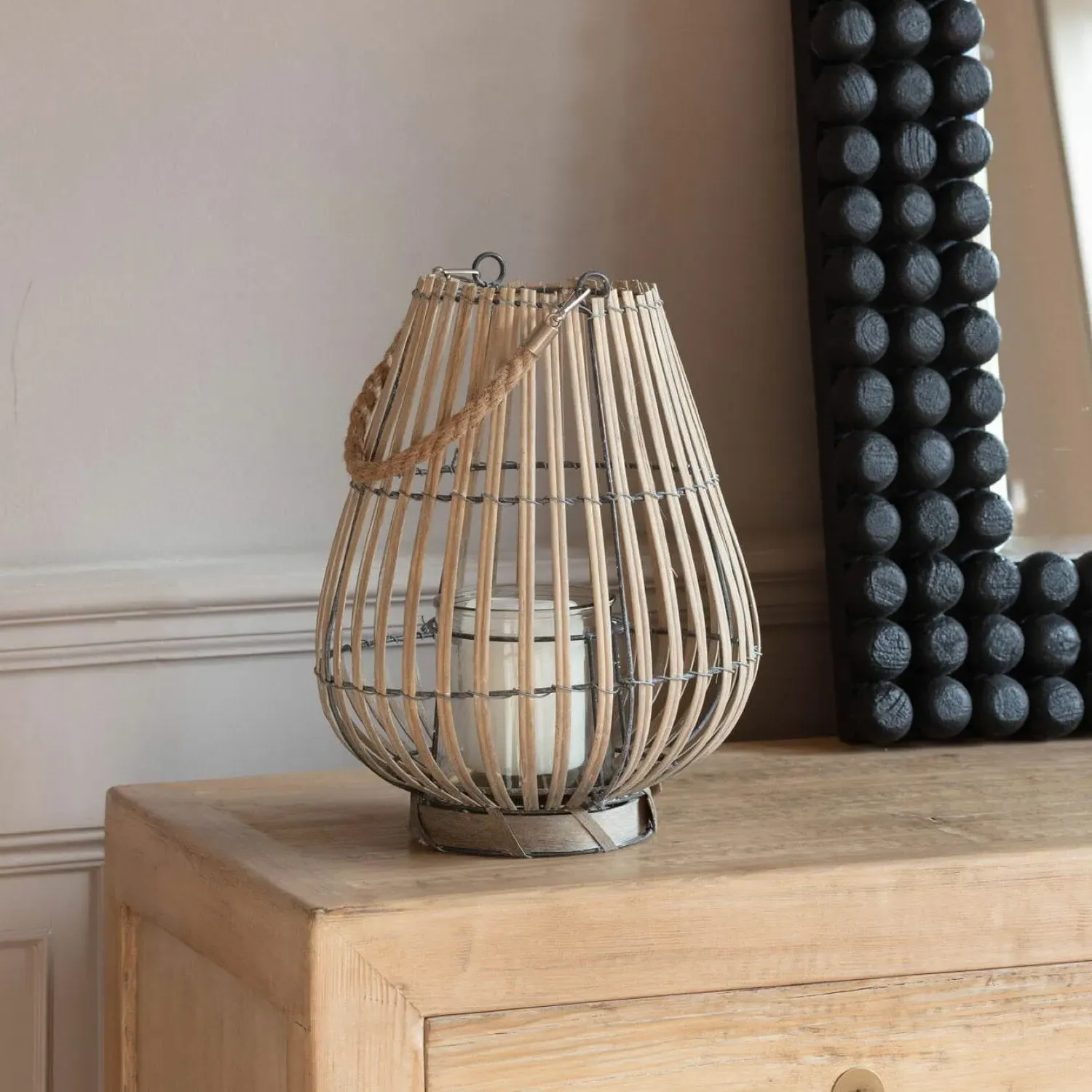 Round Willow Lantern with Handle - Grey