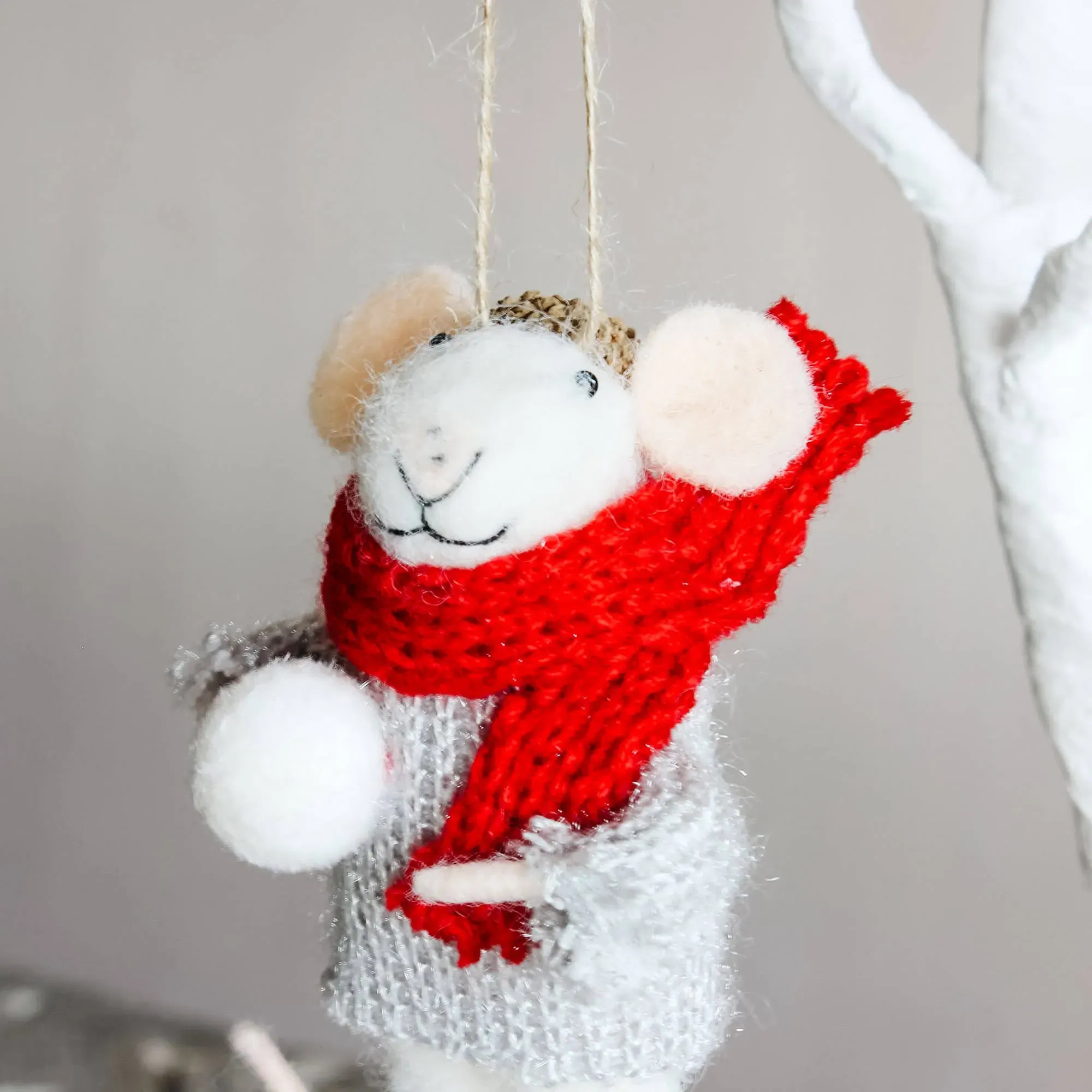 Sammy Snowball Mouse Tree Decoration - White, Foam