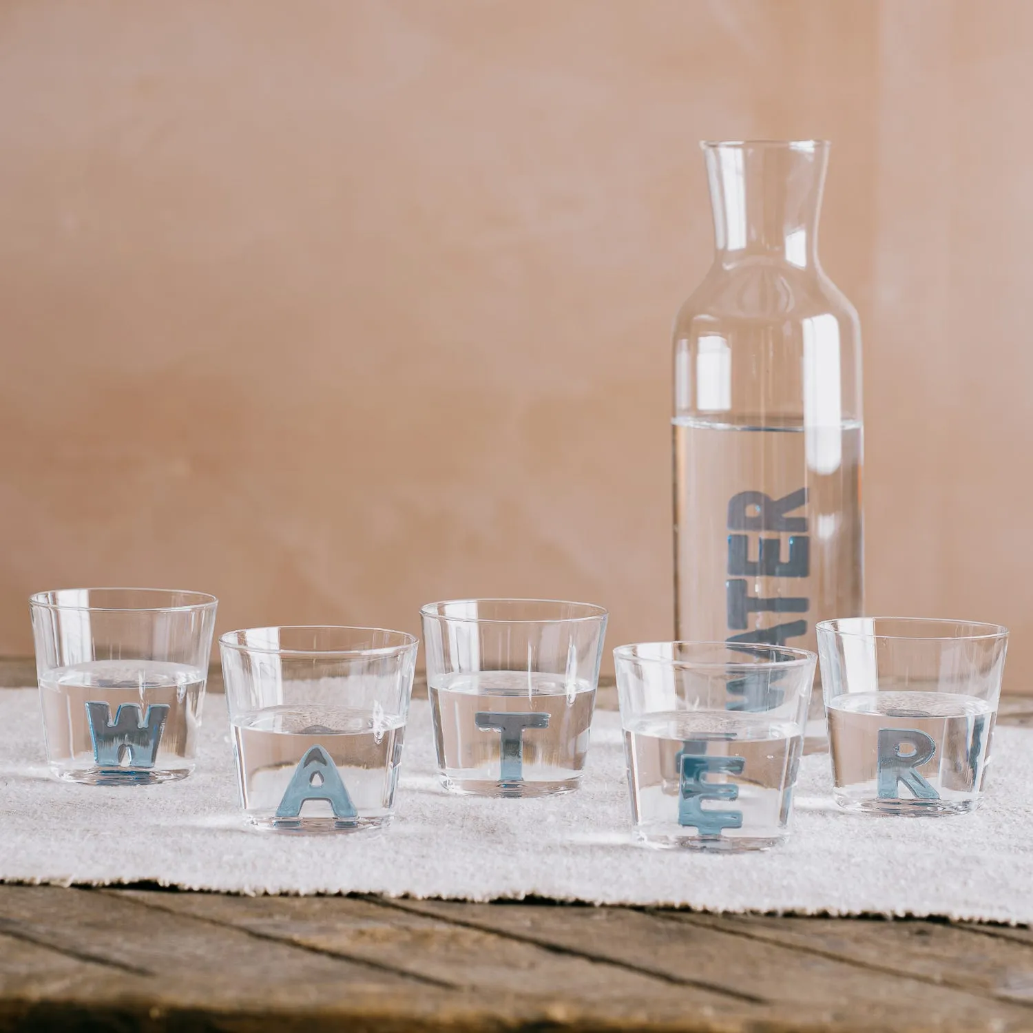 Set of Five Blue Water Glasses - Clear Glass