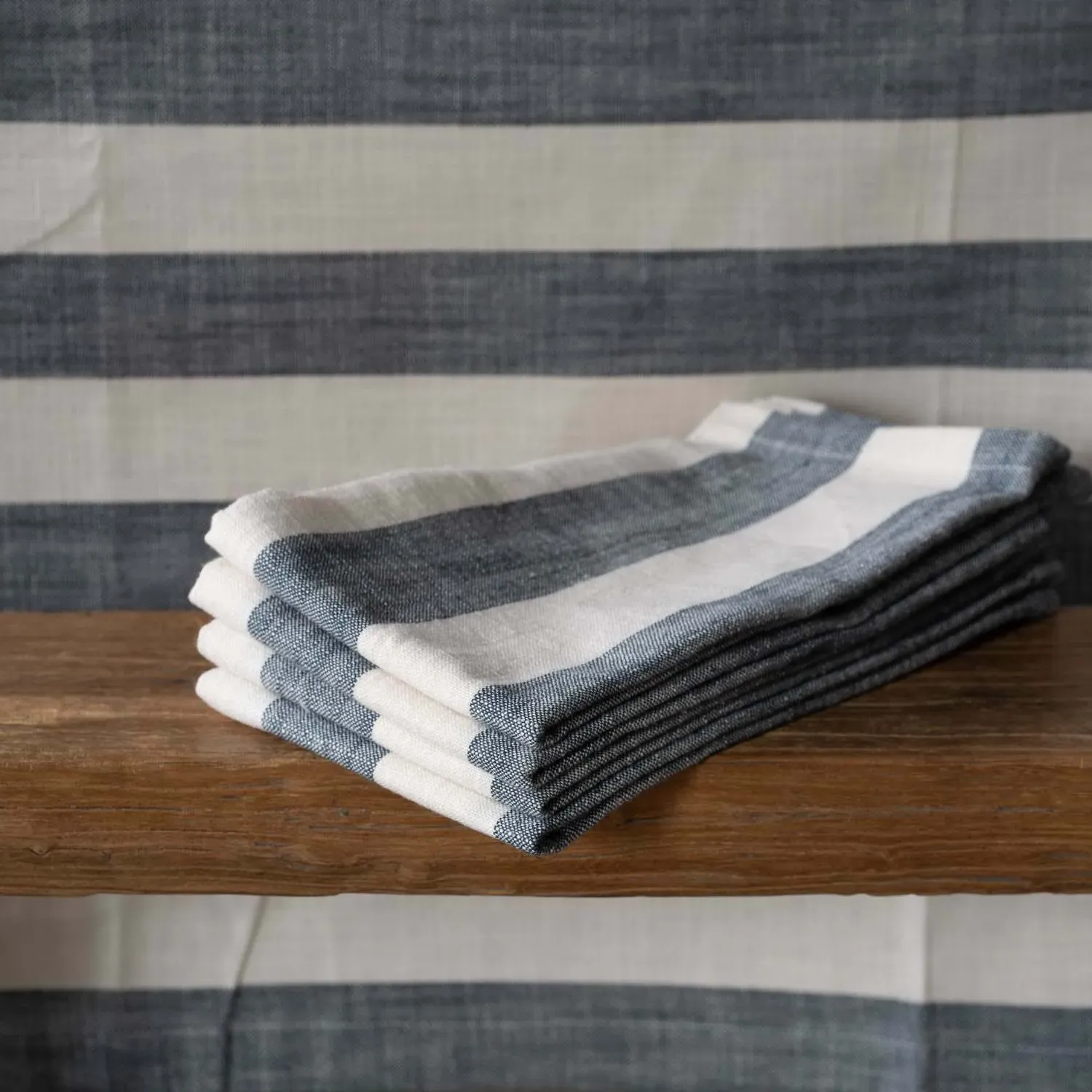 Set of Four Blue Wide Stripe Napkins - Cotton