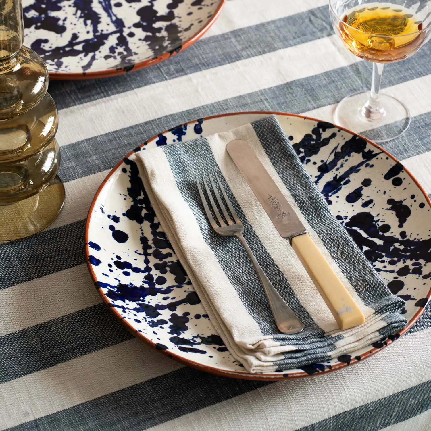 Set of Four Blue Wide Stripe Napkins - Cotton