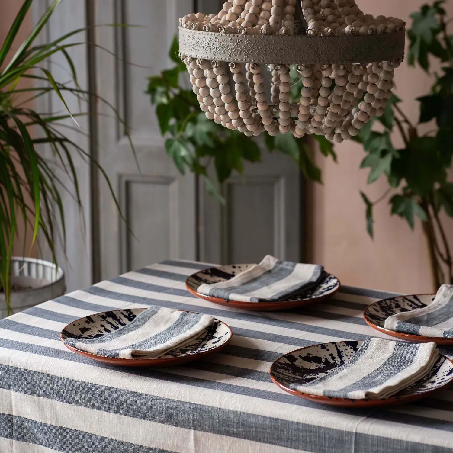 Set of Four Blue Wide Stripe Napkins - Cotton