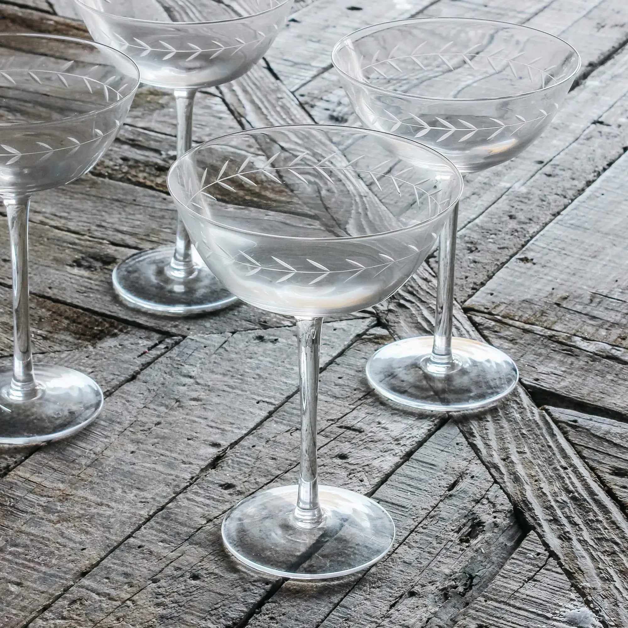 Set of Four Etched Garland Martini Glasses - Clear
