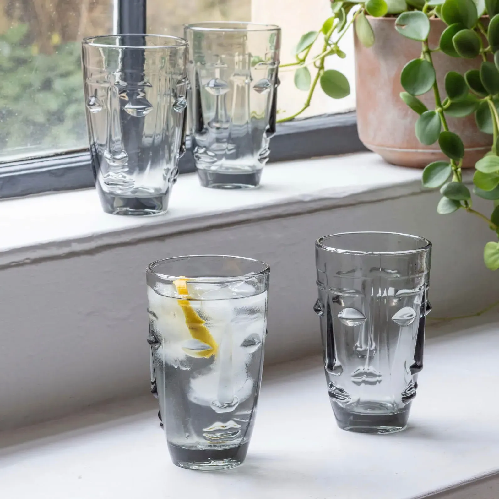 Set of Four Face Tumblers - Grey Glass