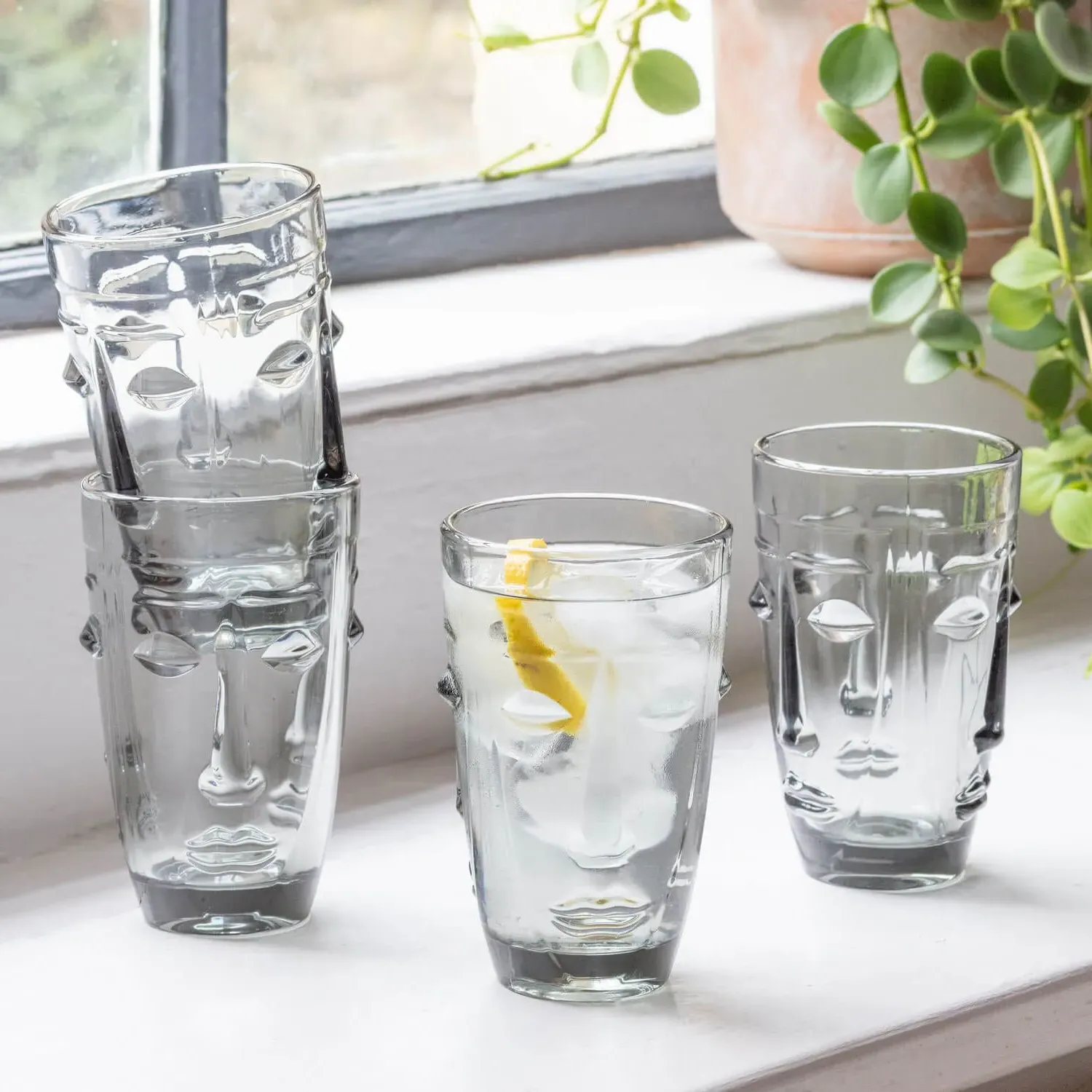 Set of Four Face Tumblers - Grey Glass image