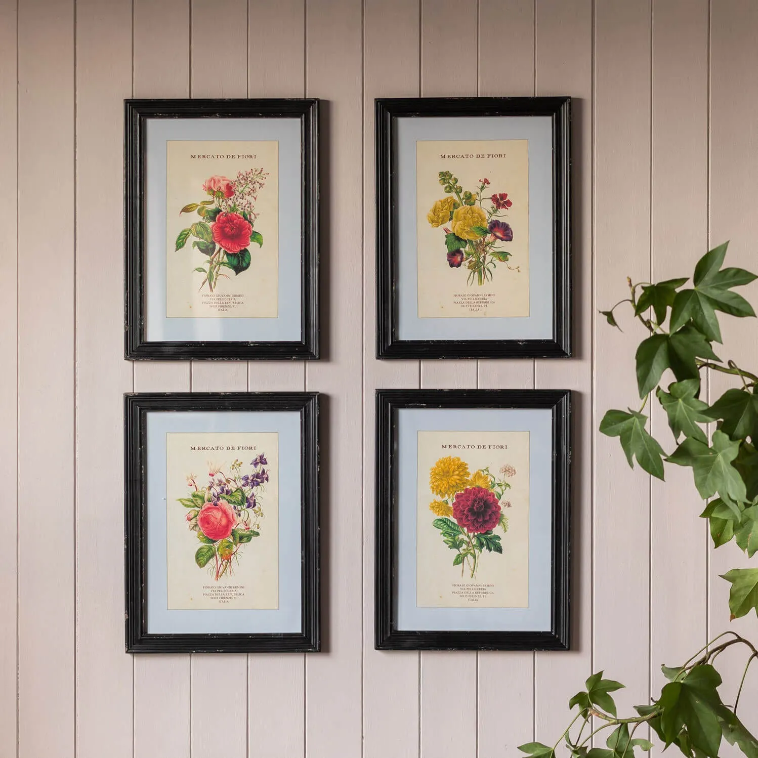 Set of Four Framed Vintage Flower Prints - Wood, Glass