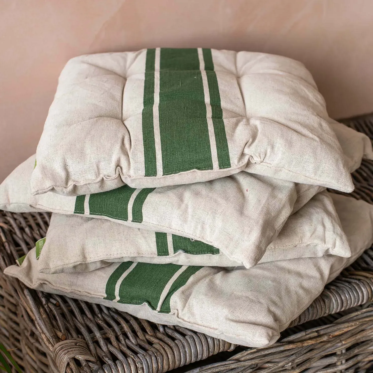 Set of Four Olive Stripe Seat Pads - Stone, Linen