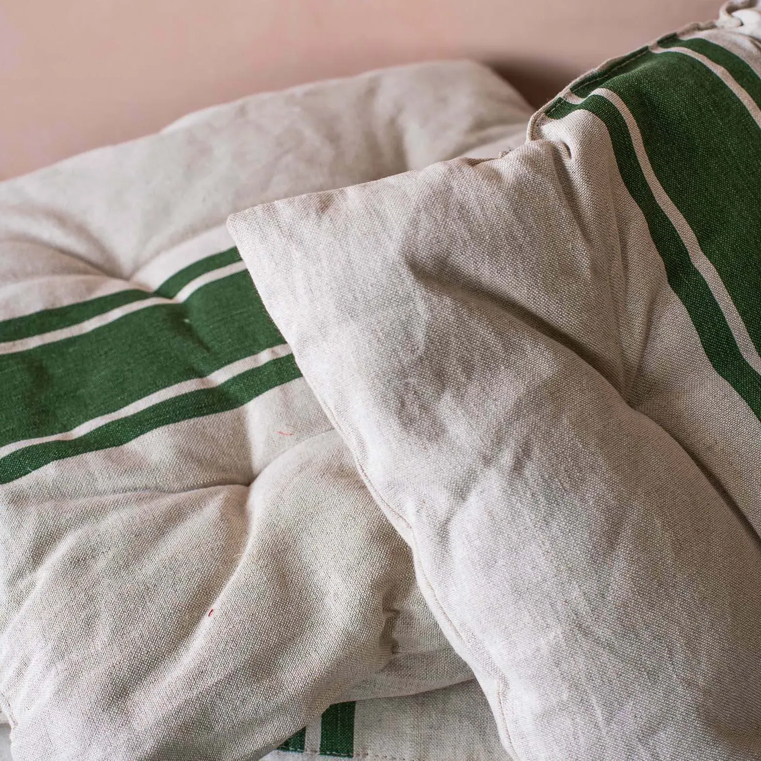 Set of Four Olive Stripe Seat Pads - Stone, Linen