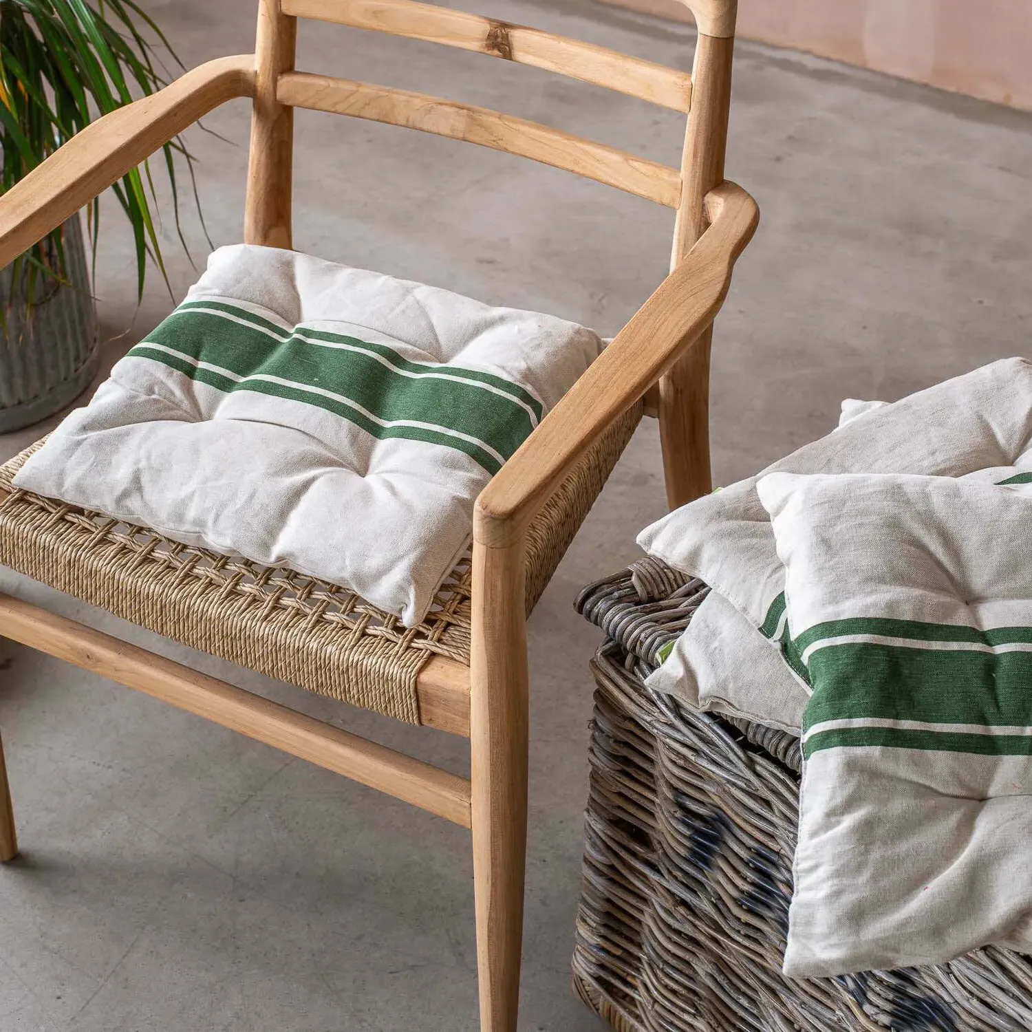 Set of Four Olive Stripe Seat Pads - Stone, Linen image