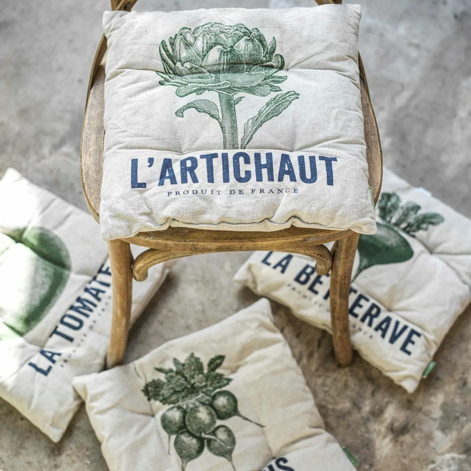 Set of Four Vegetable Print Seat Pads - Natural, Linen