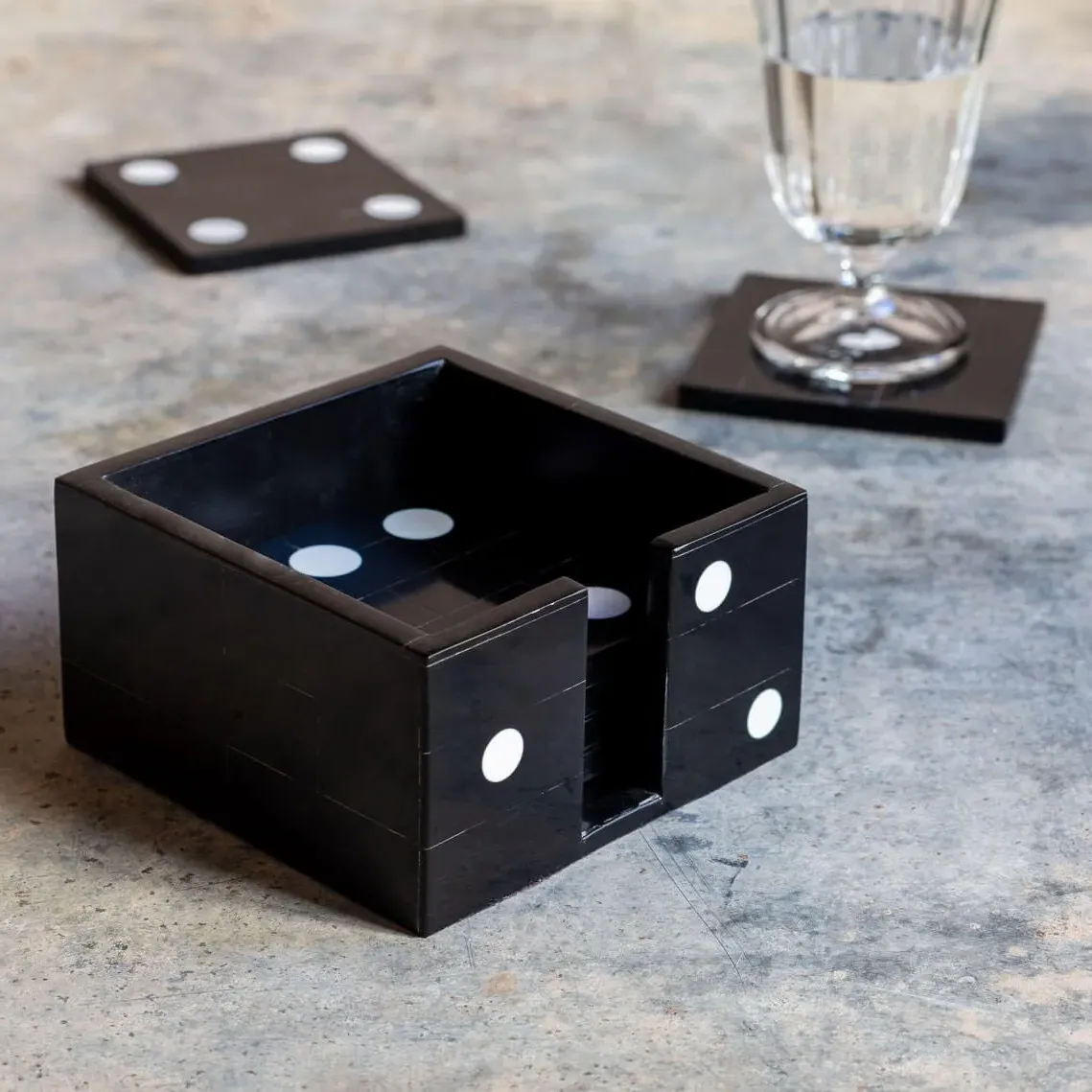Set of Six Dice Coasters with Holder - Black, Resin