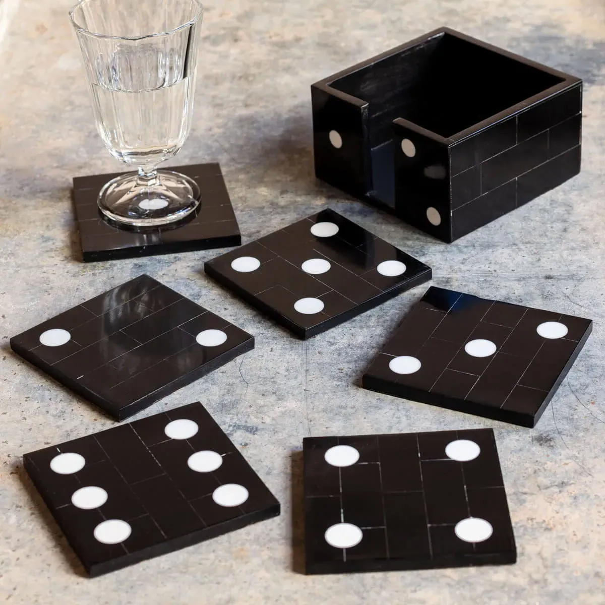 Set of Six Dice Coasters with Holder - Black, Resin image