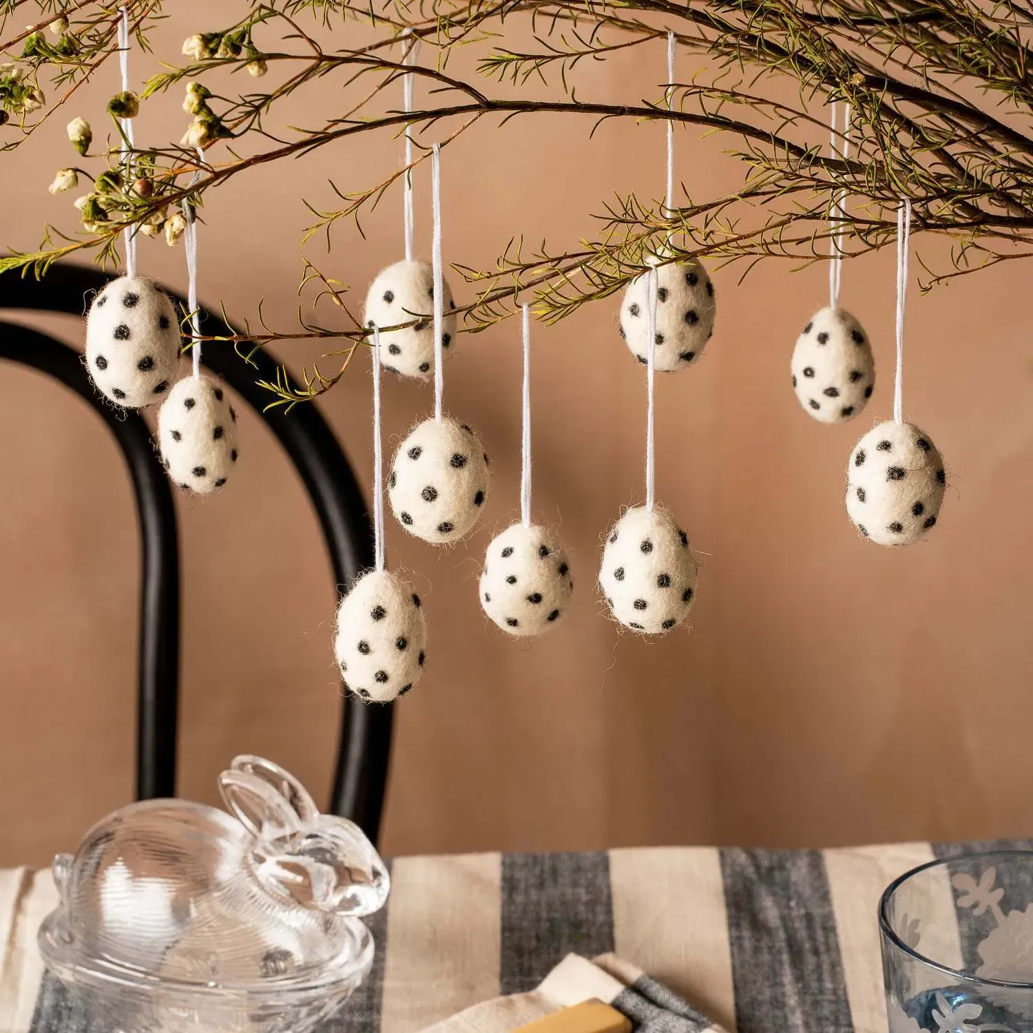 Set of Ten Spotty Egg Hanging Decorations - Wool image