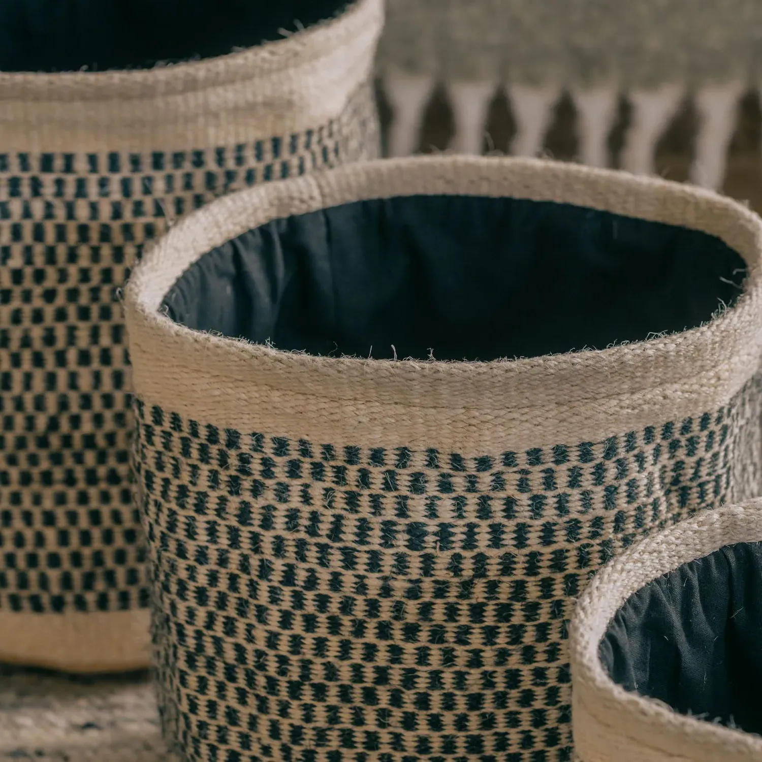 Set of Three Black & Natural Storage Baskets - Jute