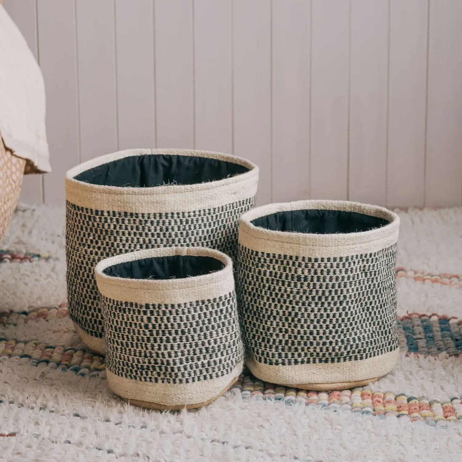 Set of Three Black & Natural Storage Baskets - Jute image