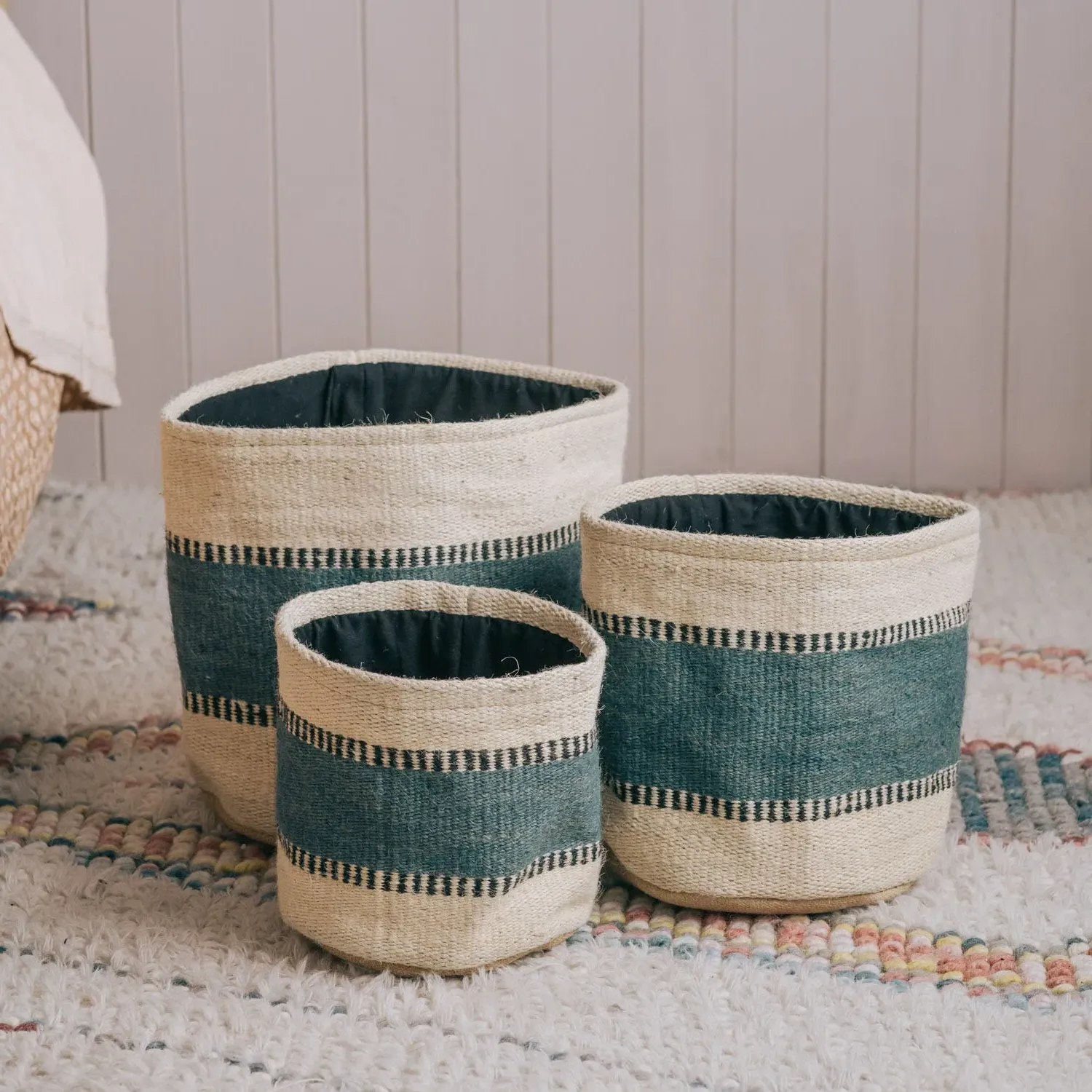 Set of Three Denim Stripe Storage Baskets - Jute