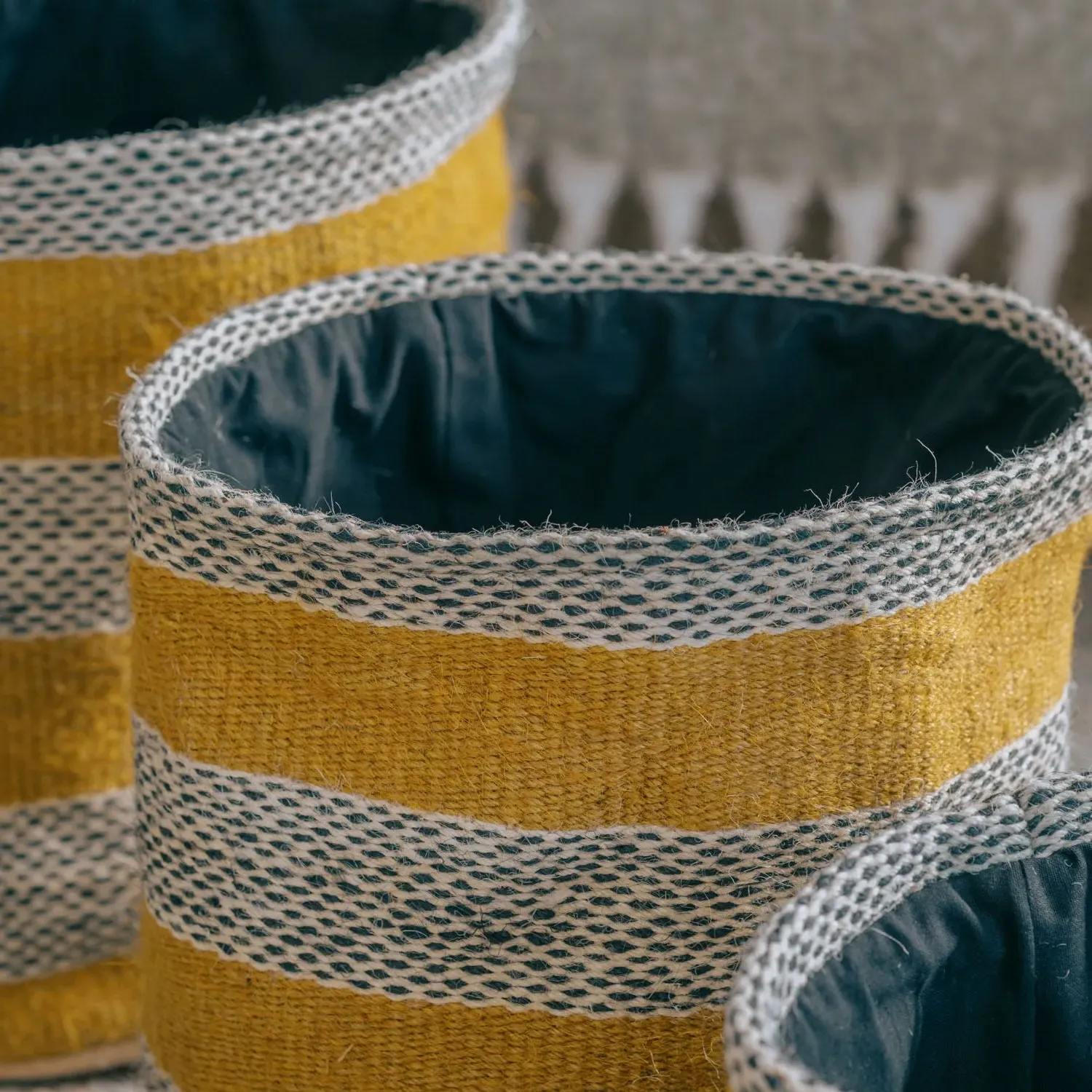 Set of Three Mustard Stripe Storage Baskets - Jute