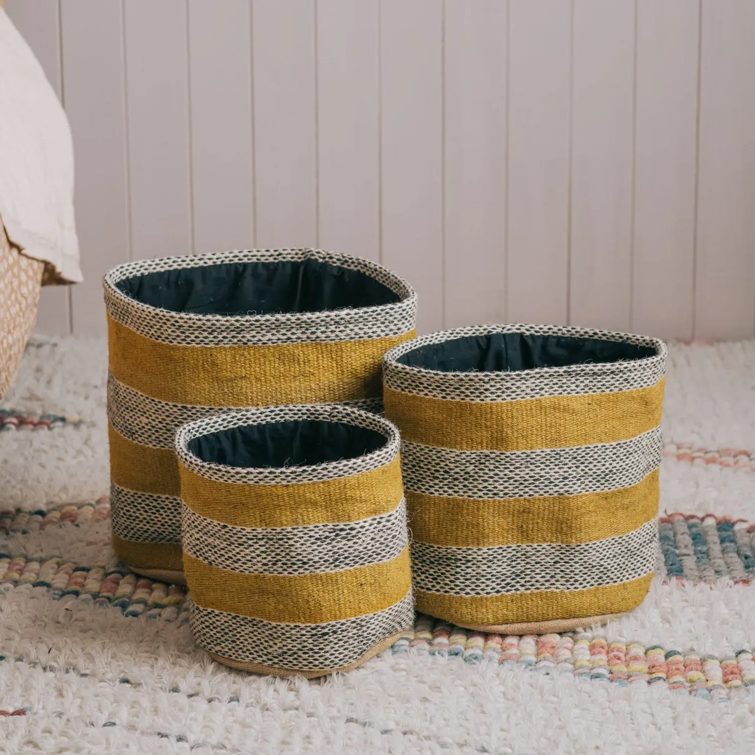 Set of Three Mustard Stripe Storage Baskets - Jute