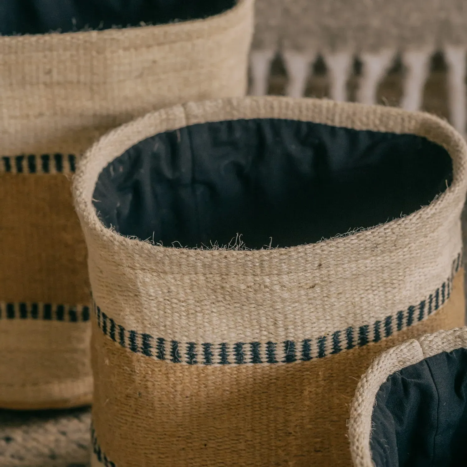 Set of Three Natural Stripe Storage Baskets - Jute