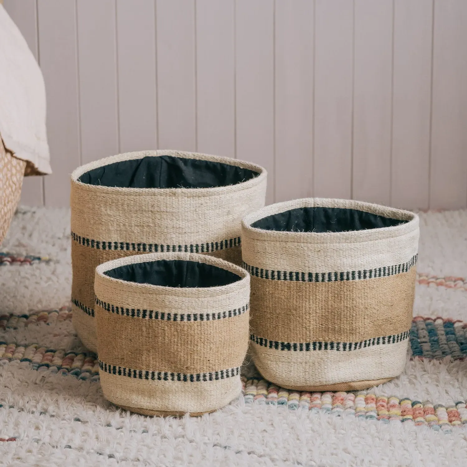 Set of Three Natural Stripe Storage Baskets - Jute