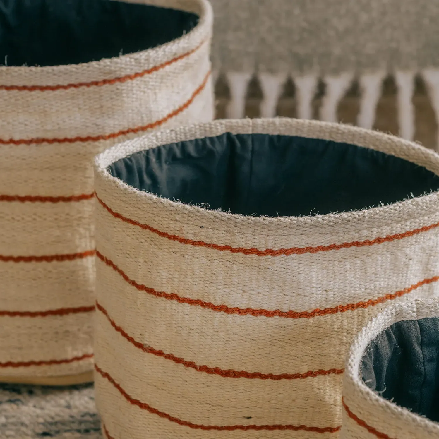 Set of Three Red Stripe Storage Baskets - Jute