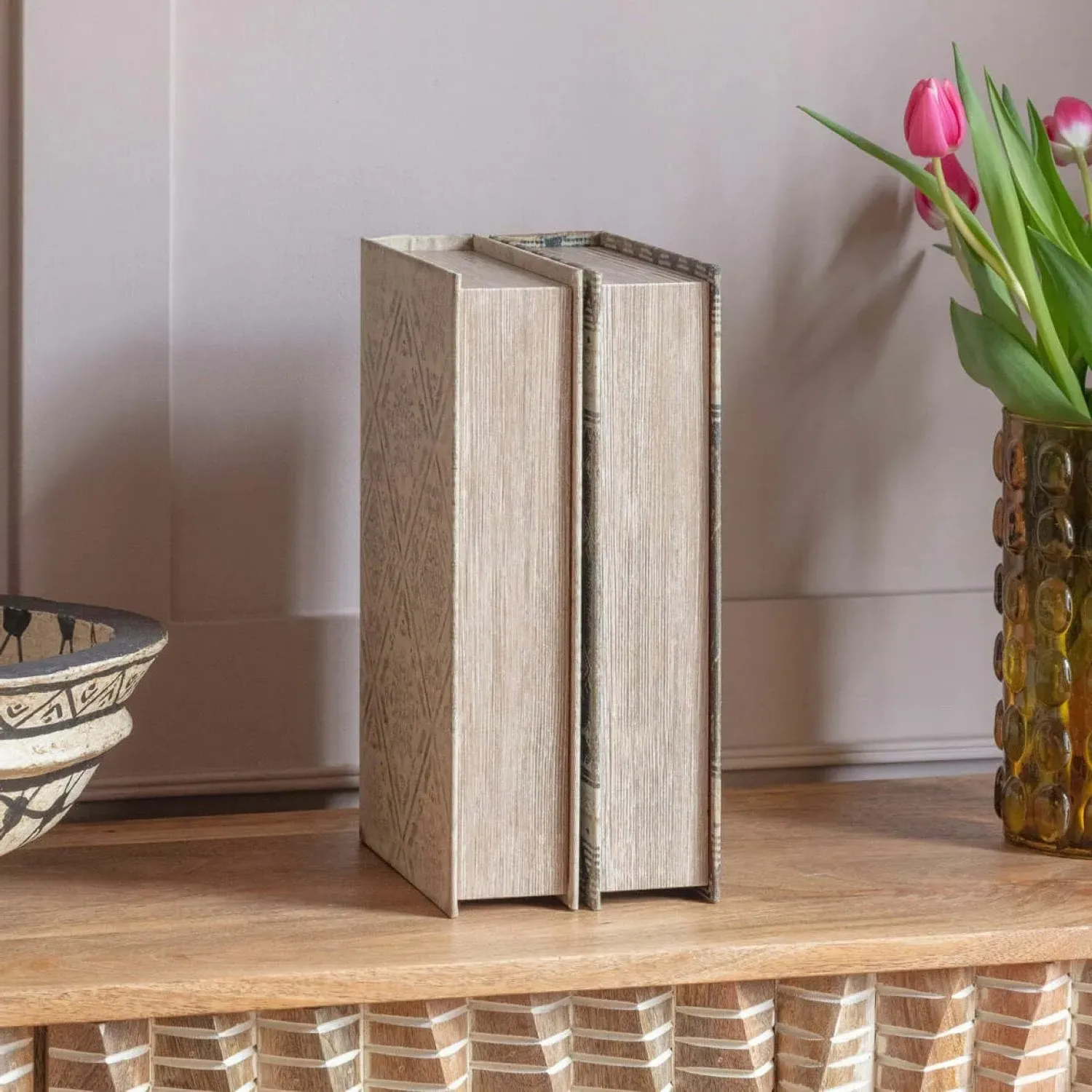Set of Two Aztec Book Boxes - Linen, Wood