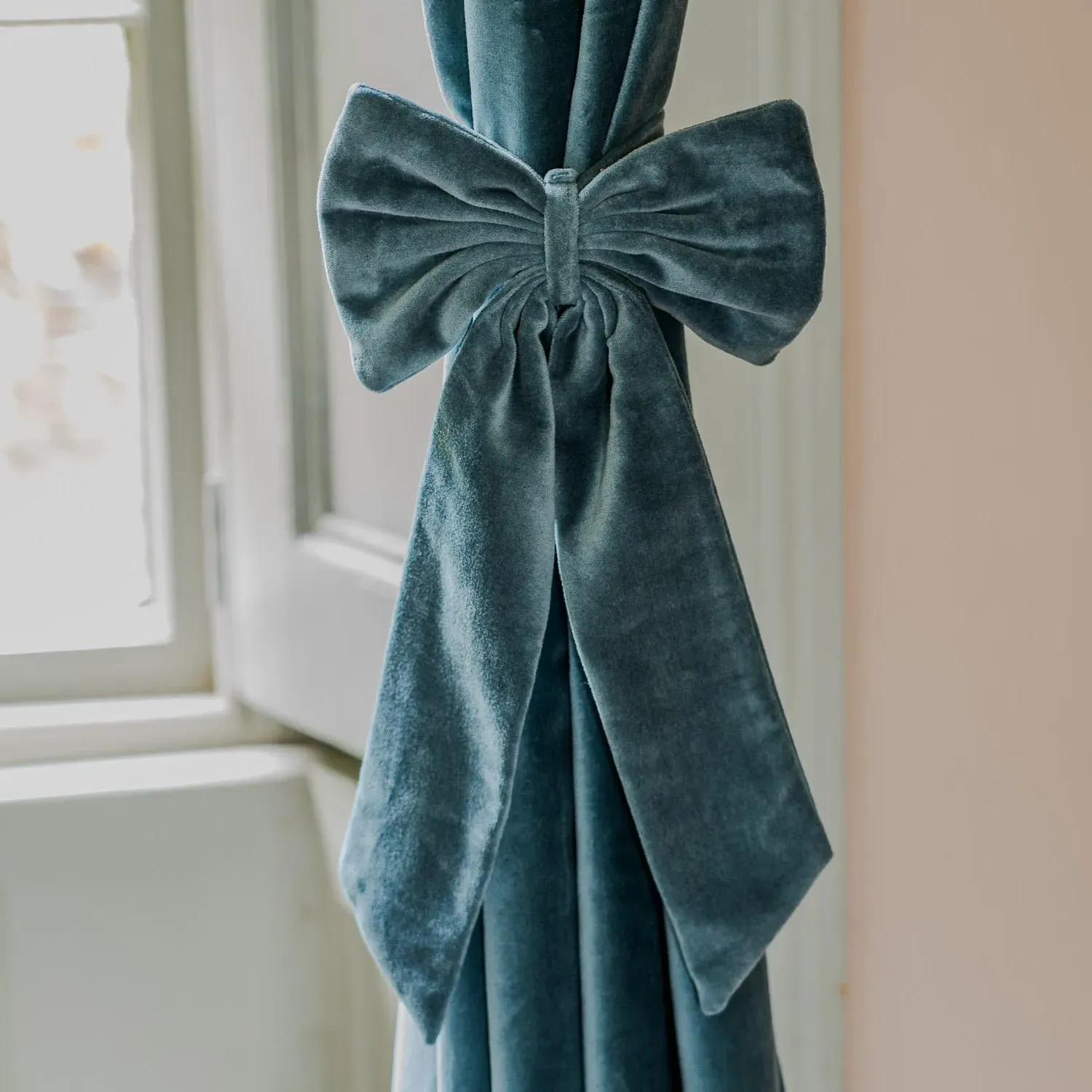 Set of Two Bow Curtain Tie Backs - Smoke Blue, Velvet